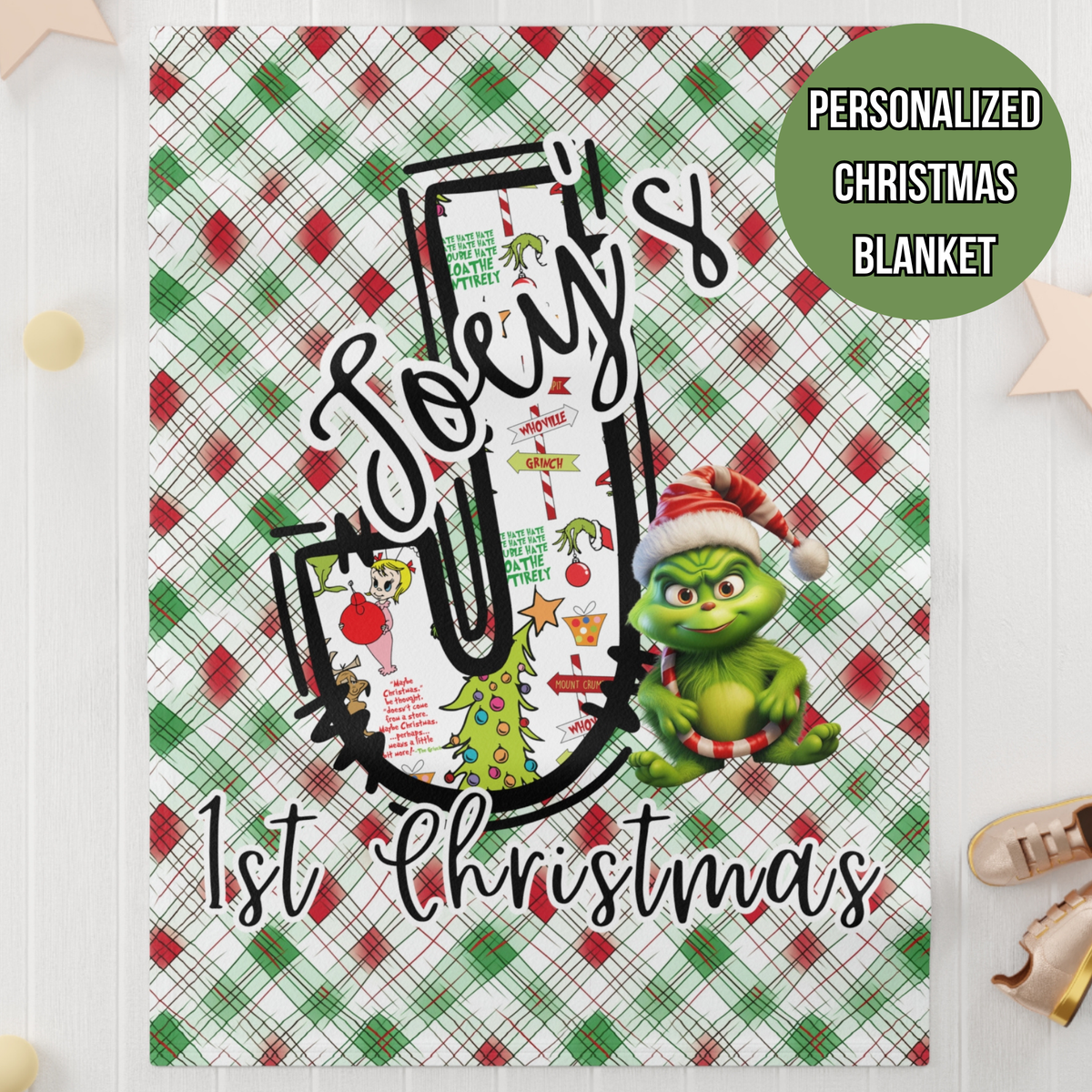 Fleece Blanket, Personalized Christmas Grinch Baby Blanket, Baby's First Christmas, Custom Name Blanket, Christmas Gift, Holiday Blanket,
