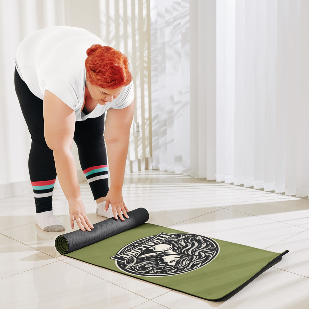 Olive Non-Slip Yoga Mat – Rubber Exercise & Workout Mat with Strap | Feralcore Medusa Collection