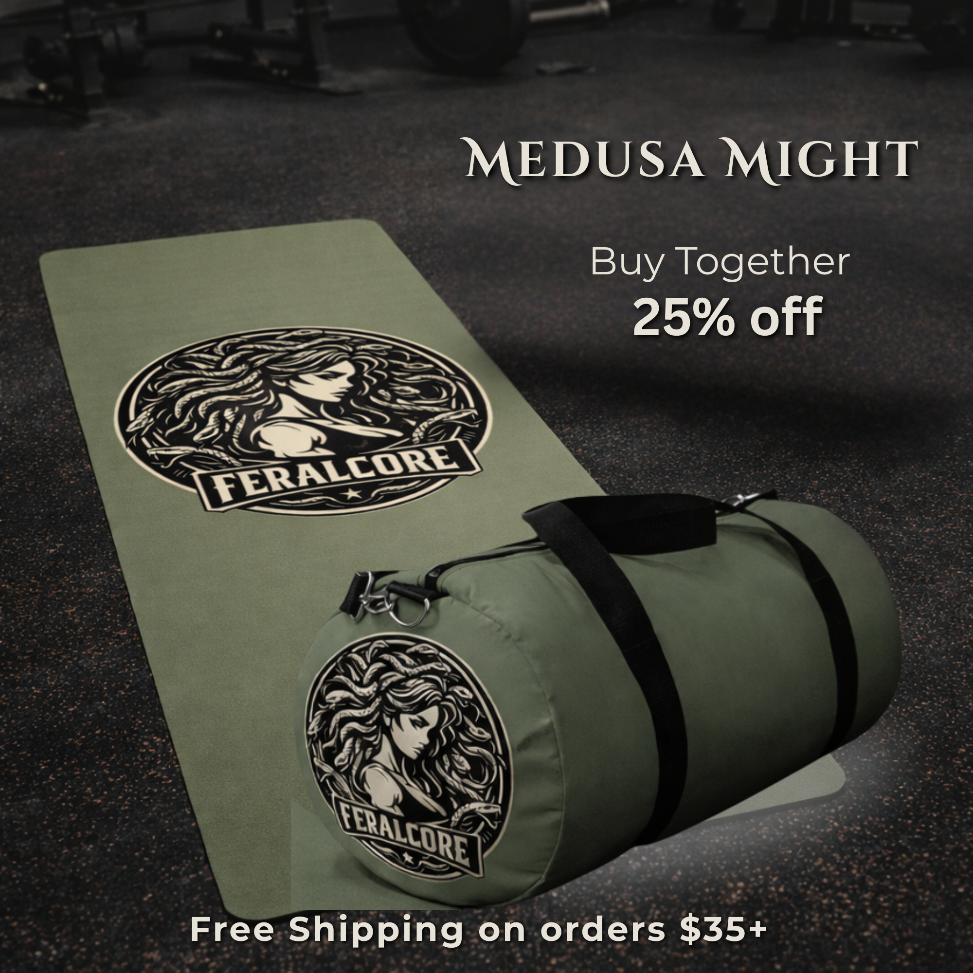 Olive Non-Slip Yoga Mat – Rubber Exercise & Workout Mat with Strap | Feralcore Medusa Collection