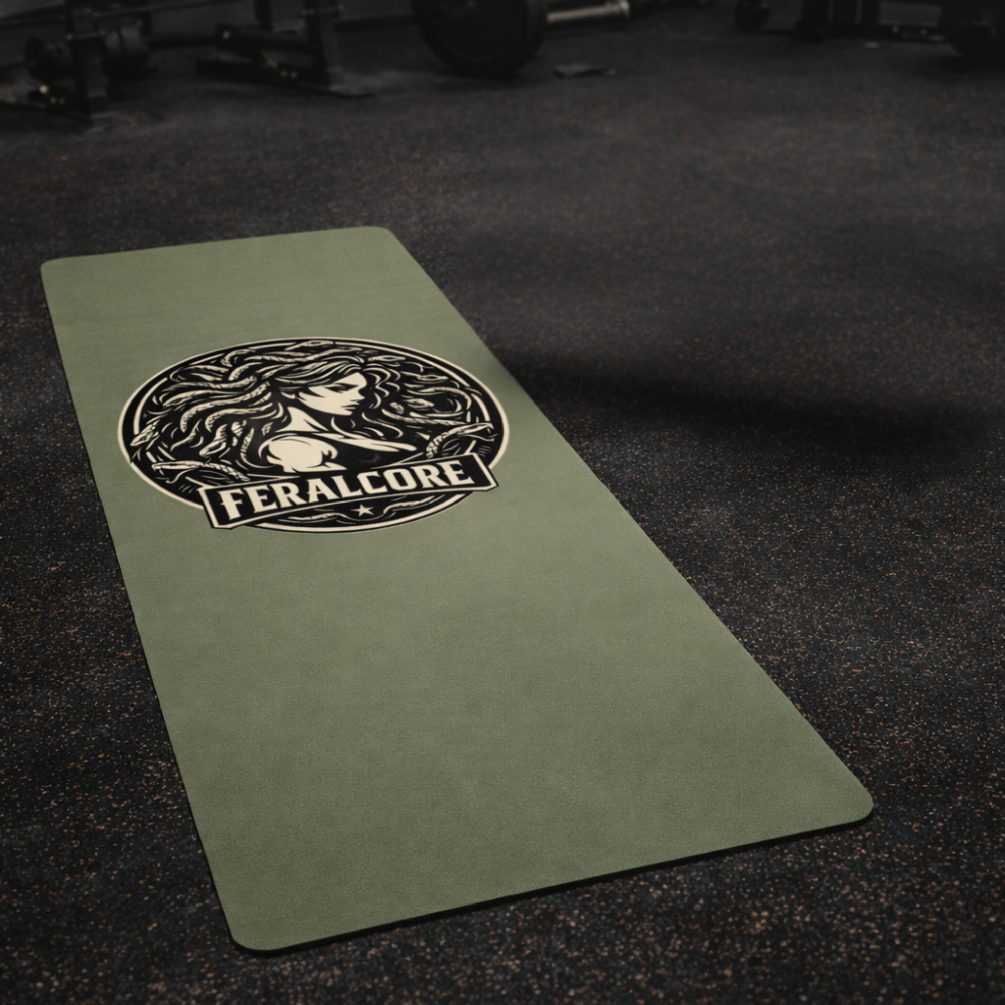 Olive Non-Slip Yoga Mat – Rubber Exercise & Workout Mat with Strap | Feralcore Medusa Collection