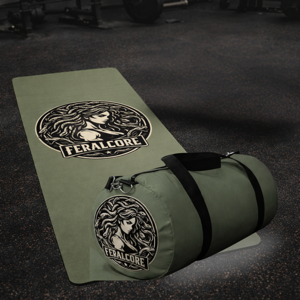 Olive Non-Slip Yoga Mat – Rubber Exercise & Workout Mat with Strap | Feralcore Medusa Collection