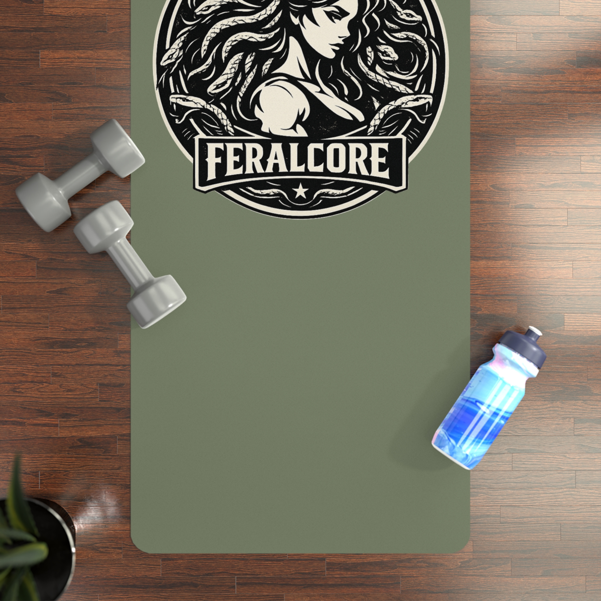 Olive Non-Slip Yoga Mat – Rubber Exercise & Workout Mat with Strap | Feralcore Medusa Collection