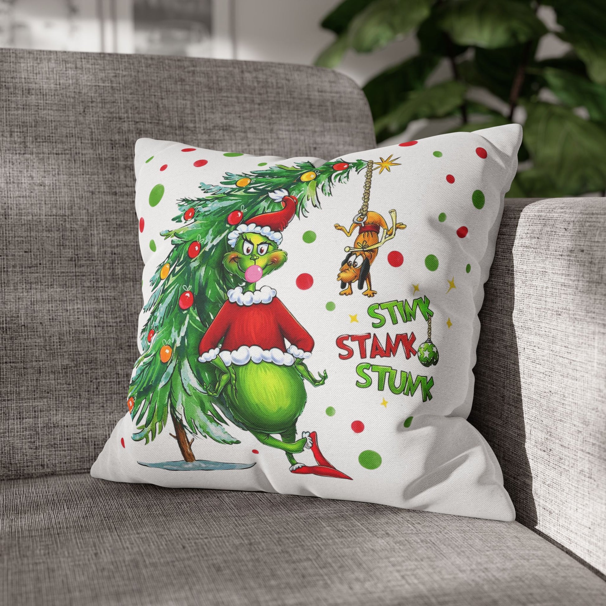 Personalized Grinch Christmas Pillow, Custom Name & Year Holiday Pillow Cover, Funny Kids Xmas Decor Gift