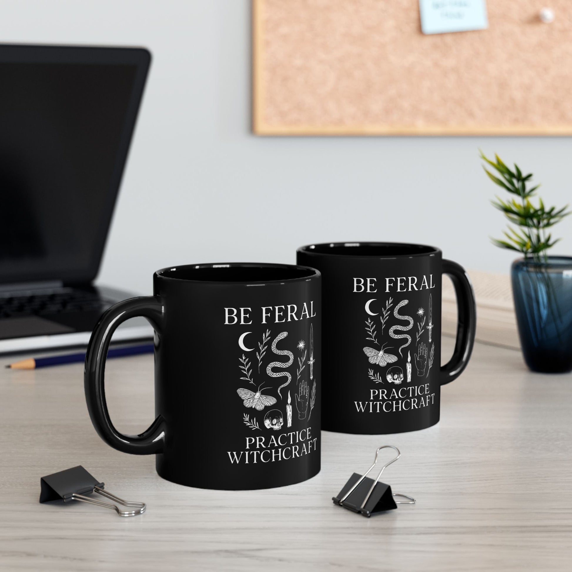 Feral Halloween Coffee Mug, Be Feral Practice Witchcraft Black Mug | Witchcore Cauldron Cup with Snake, Skull & Dagger