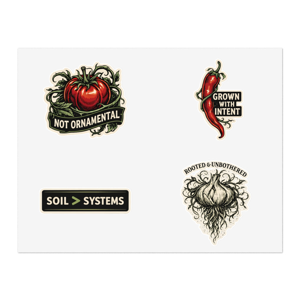 Gardener Sticker Sheet — "Not Ornamental" Tomato, "Grown With Intent" Chili & Soil > Systems
