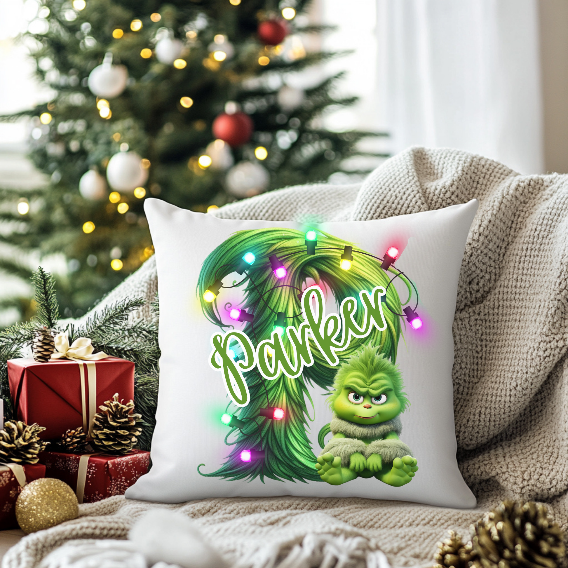Personalized Grinchy Baby Christmas Pillow, Babys 1st Christmas Gift, Kids Holiday Pillow Cover, Custom Name Christmas Decor