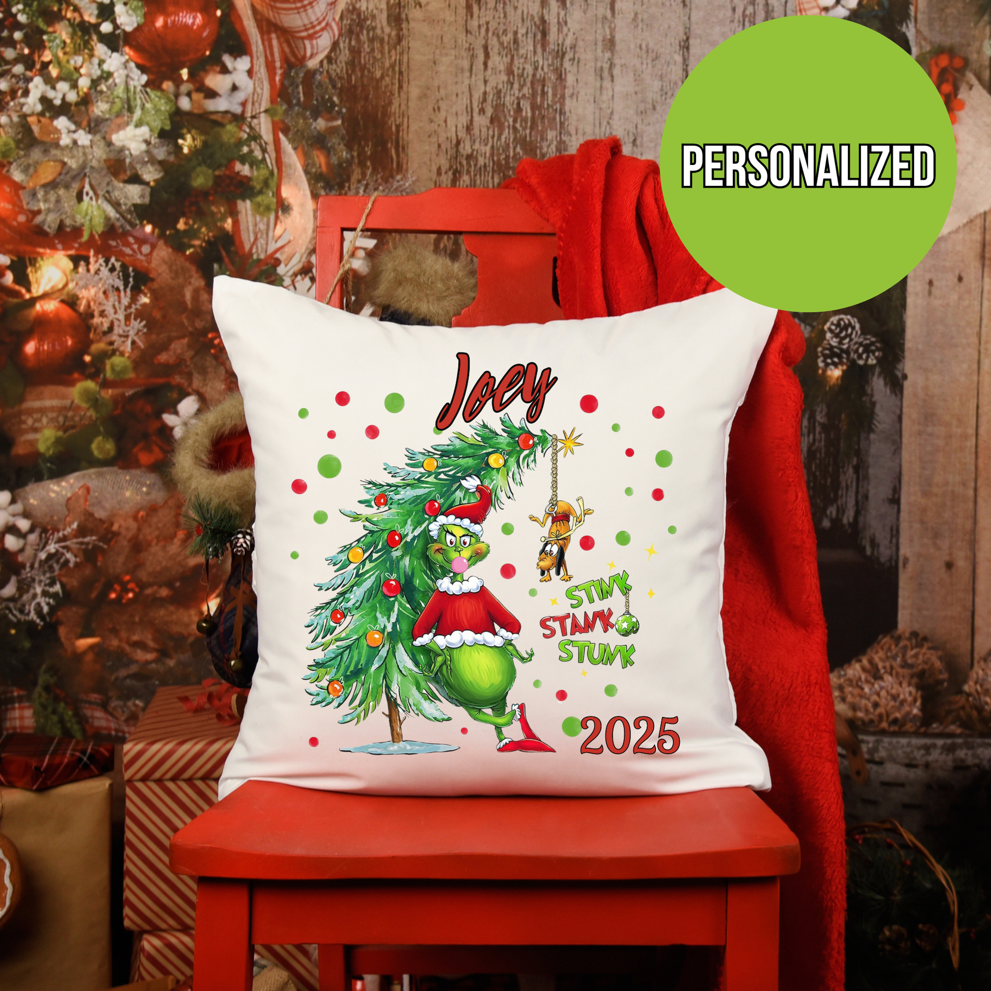 Personalized Grinch Christmas Pillow, Custom Name & Year Holiday Pillow Cover, Funny Kids Xmas Decor Gift