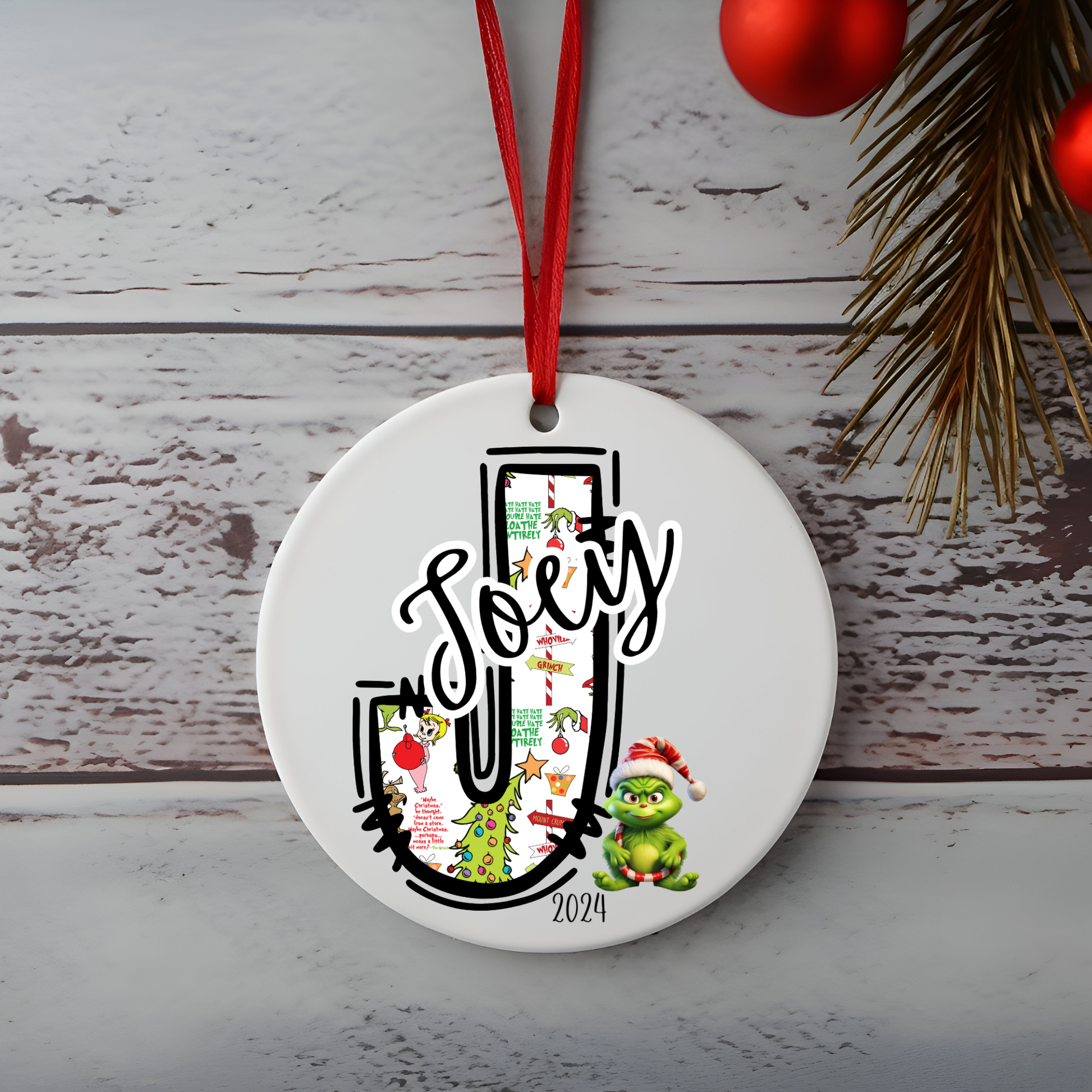 Personalized Baby Grinchie Ceramic Ornament, Children's First Initial, Year 2024, Gift Giving, Tree Decoration, Christmas Decor, Grinchie Bed