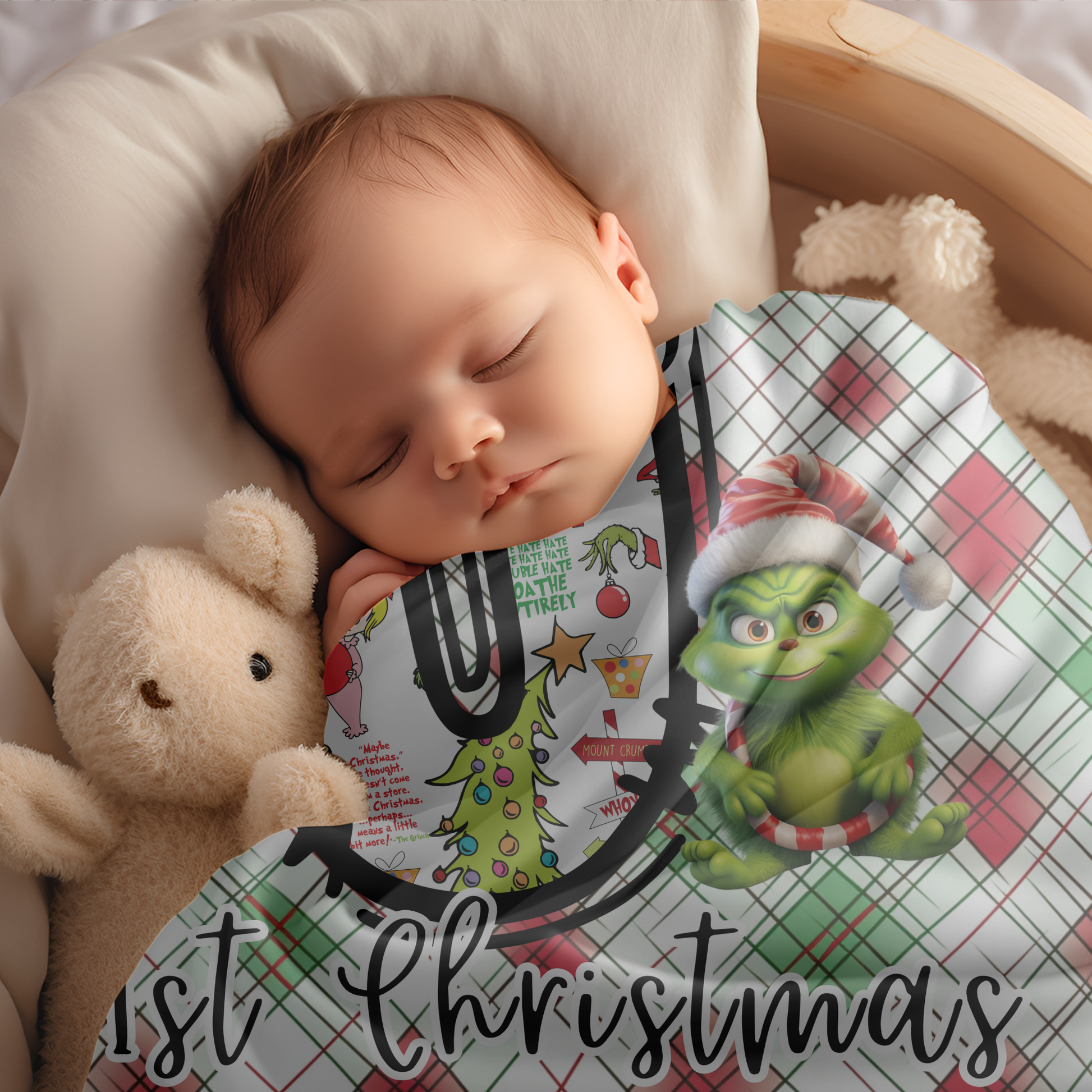 Fleece Blanket, Personalized Christmas Grinch Baby Blanket, Baby's First Christmas, Custom Name Blanket, Christmas Gift, Holiday Blanket,