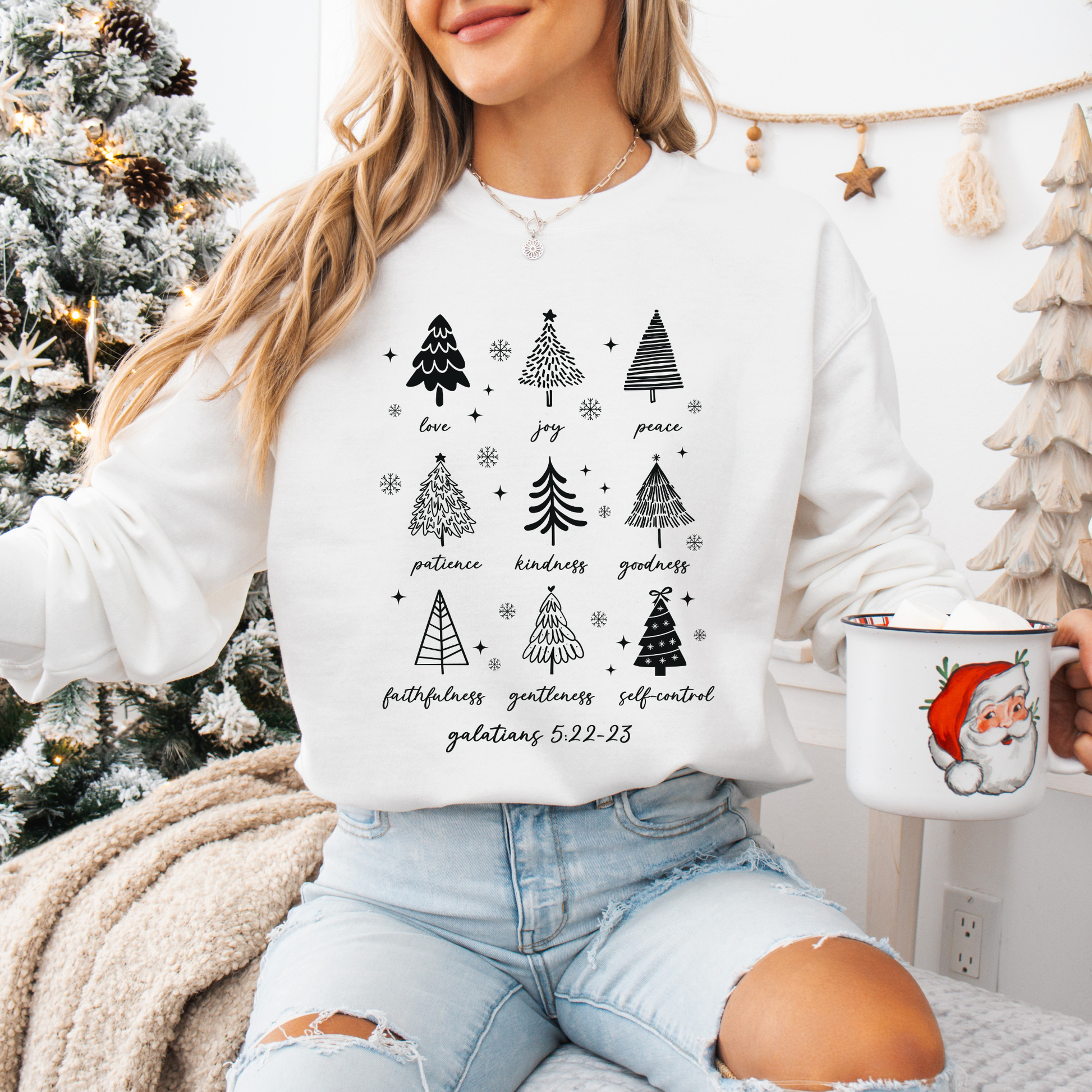 Christian Christmas Sweatshirt, Fruits of the Spirit Trees, Bible Verse Holiday Crewneck, Faith-Based Gift
