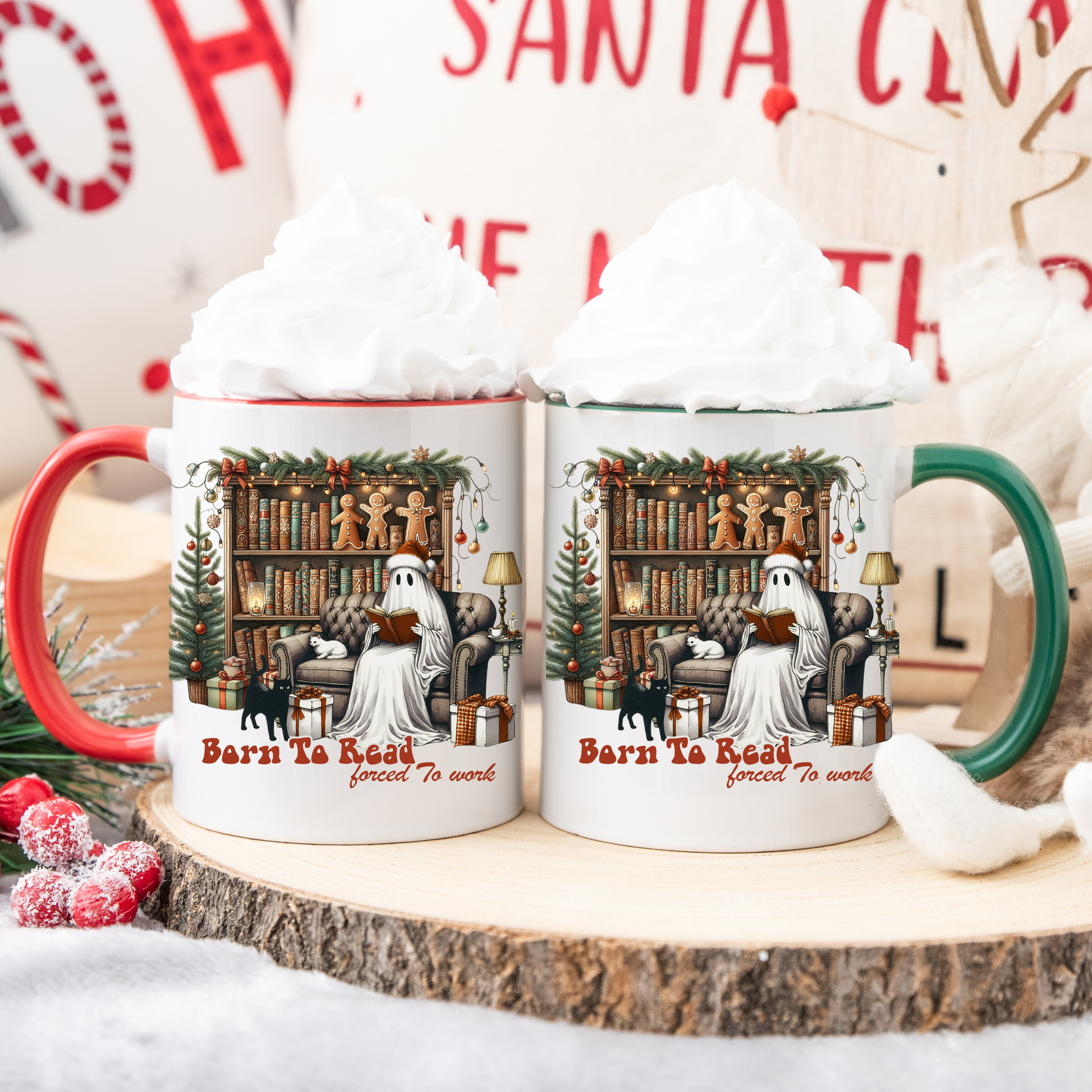 Christmas Ghost Mug, Born to Read Forced to Work Cup, Holiday Book Lover Coffee Mug, Funny Gothic Xmas Gift | 11oz & 15oz