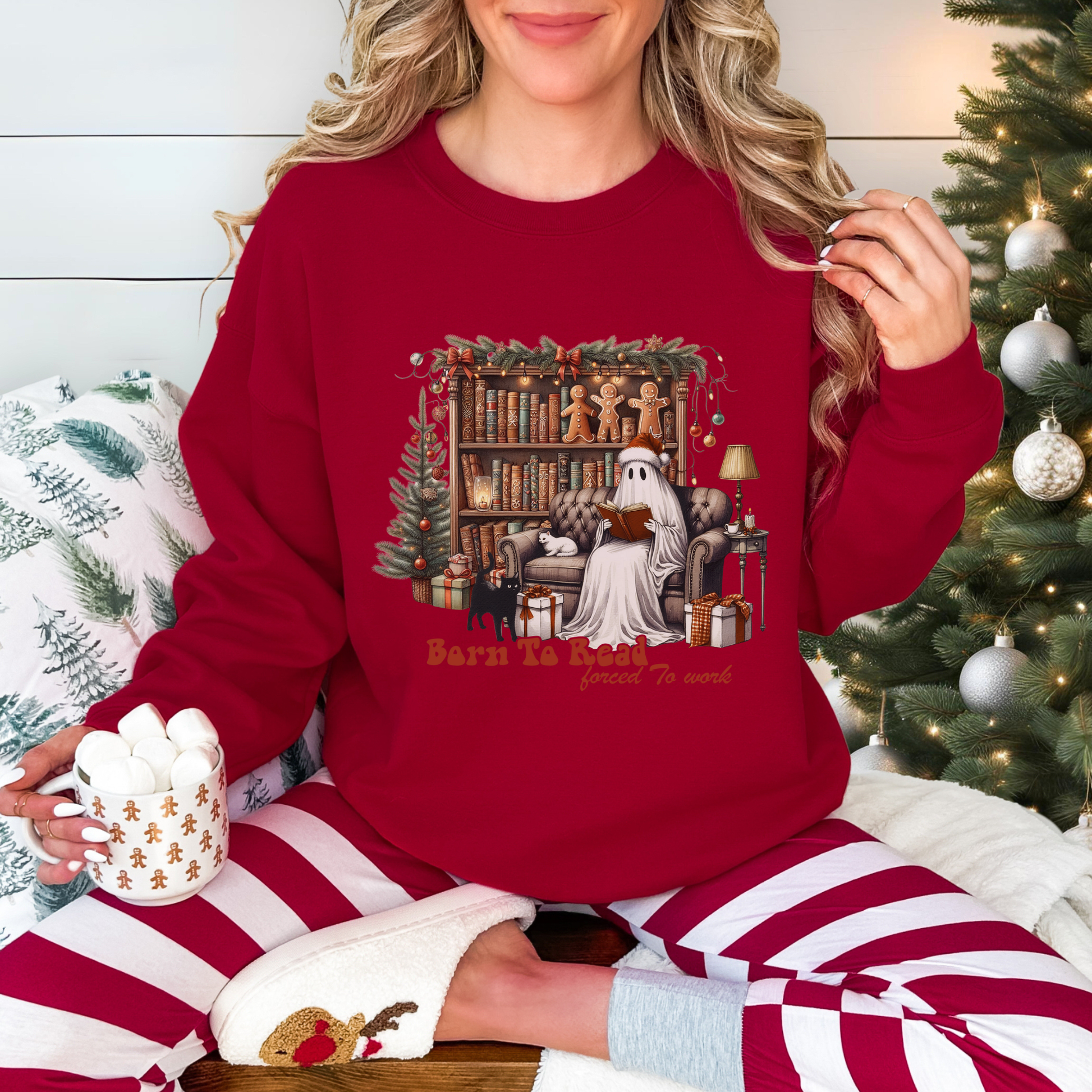 Christmas Ghost Reading Shirt, Born to Read Forced to Work Tee, Book Lover Gift, Funny Holiday Book Shirt, Cozy Boo Tee. Comfort Colors