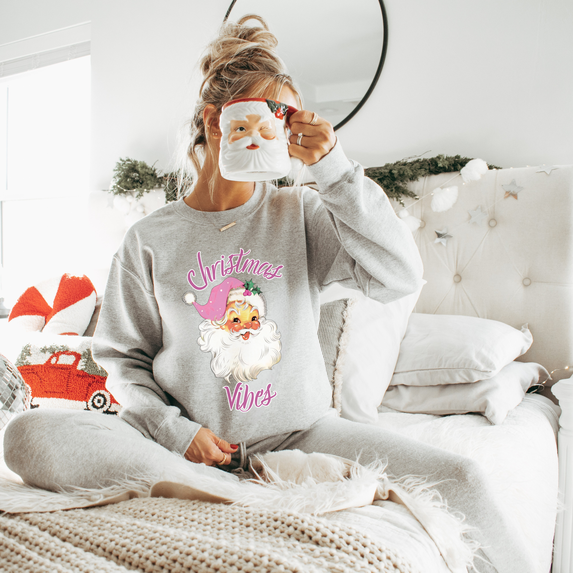 Pink Retro Santa Christmas Sweatshirt | Christmas Vibes Gildan 18000 Pullover | Vintage Holiday Crewneck for Women