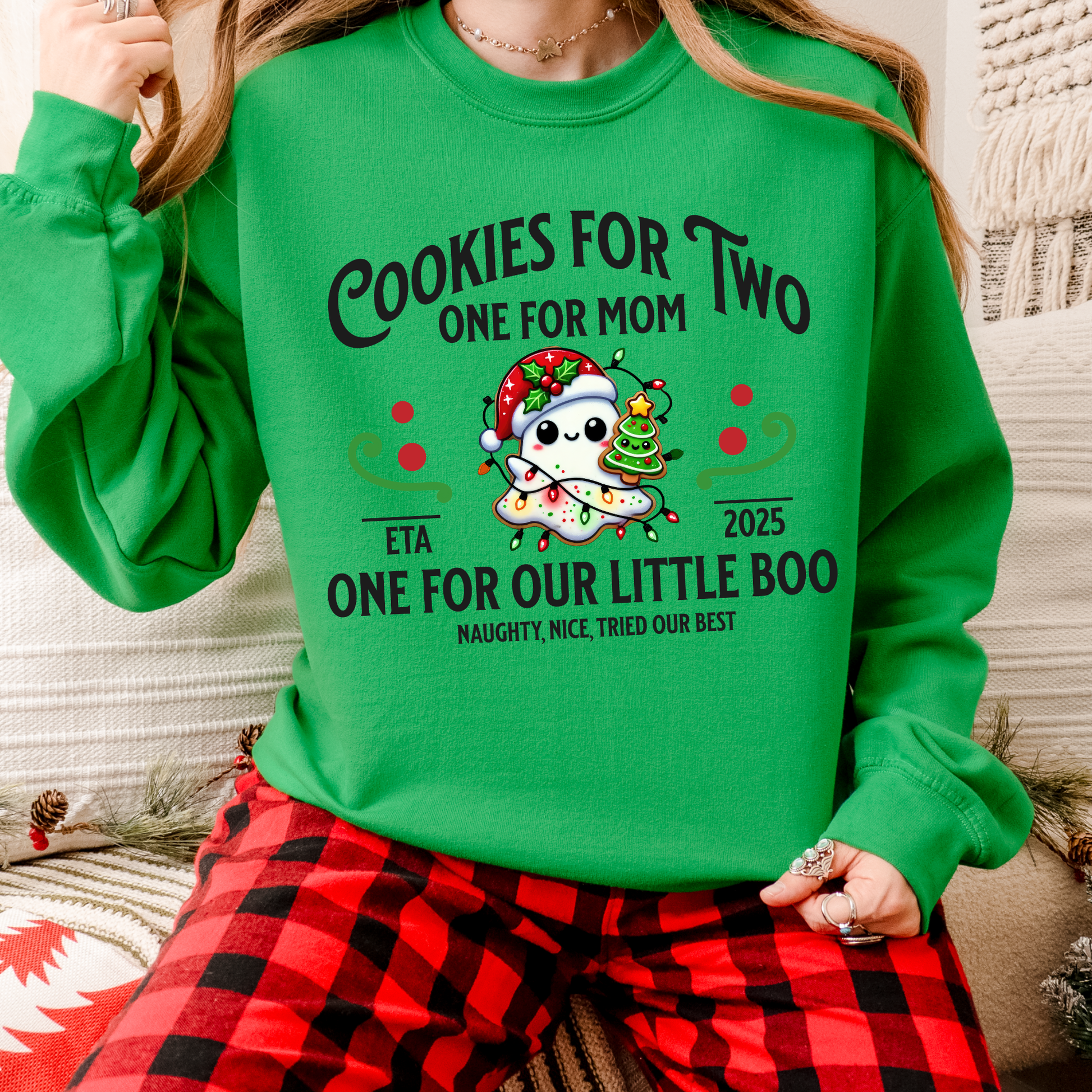 Christmas Birth Announcement Sweatshirt, Trendy Boho Ghost, Hot Chocolate, Cookies, Women's Gift, Unique Baby Announcement