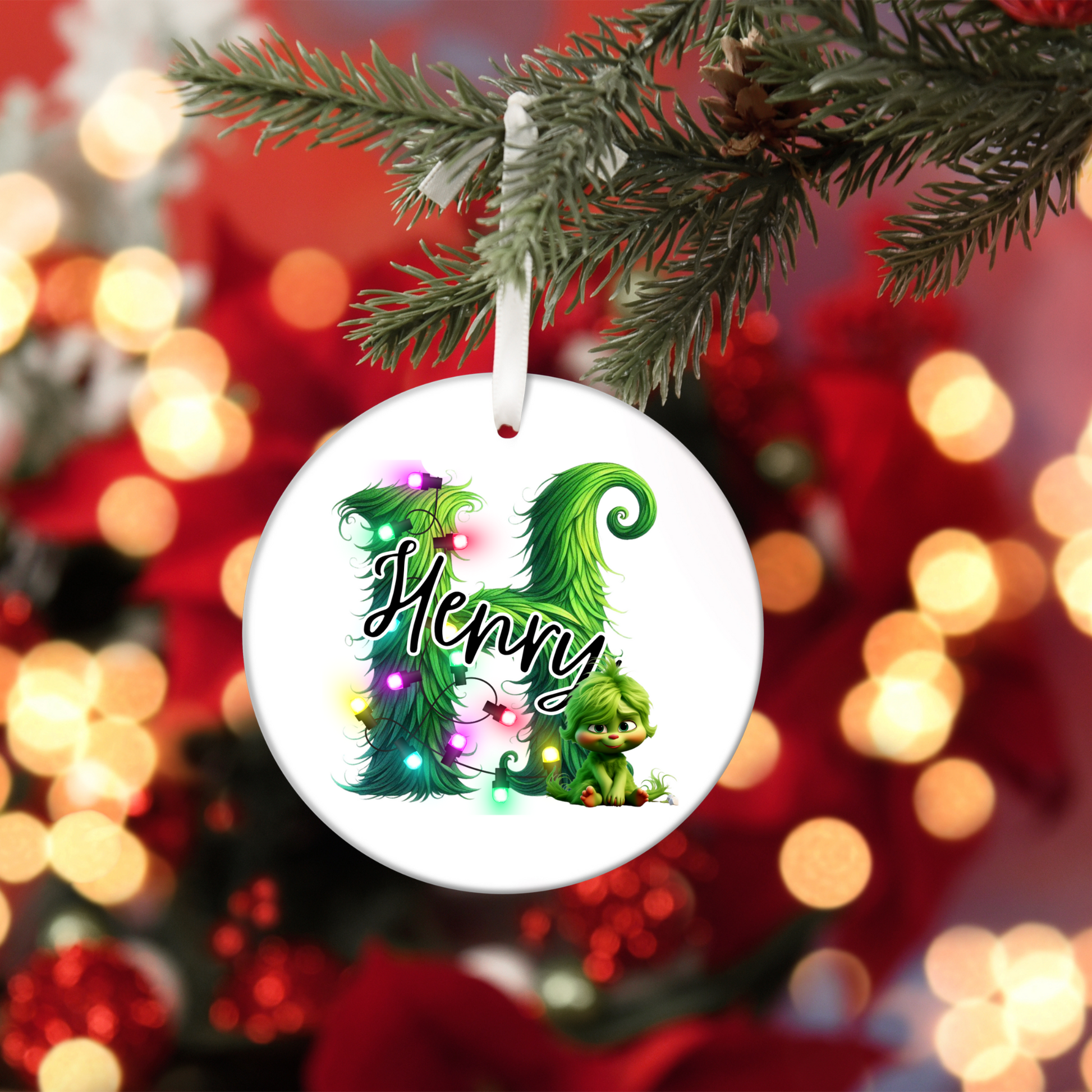 Personalized Kids Christmas Ornament, Babys First Christmas Gift, Custom Ceramic Holiday Ornament with Name, Grinchy Green Decor