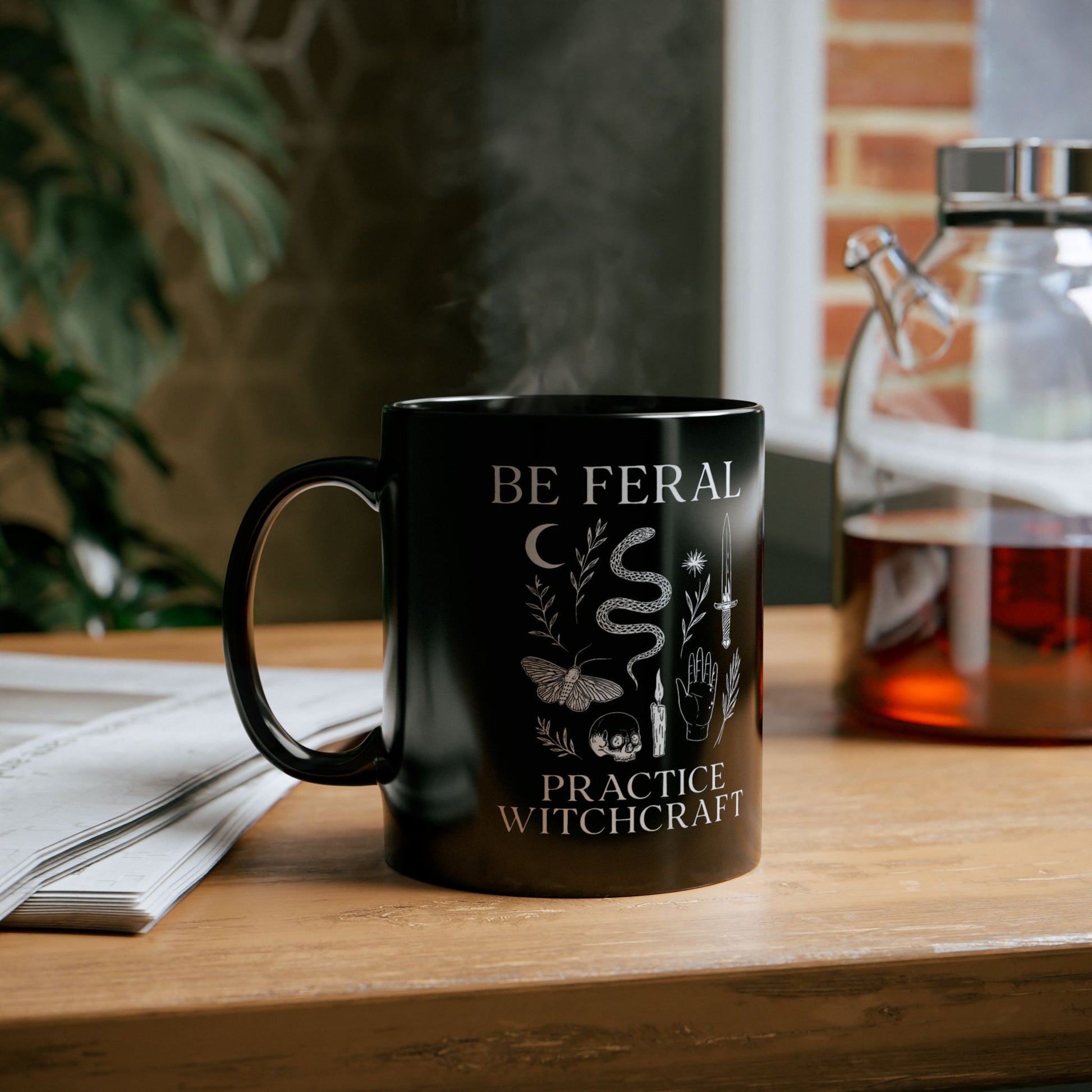 Feral Halloween Coffee Mug, Be Feral Practice Witchcraft Black Mug | Witchcore Cauldron Cup with Snake, Skull & Dagger
