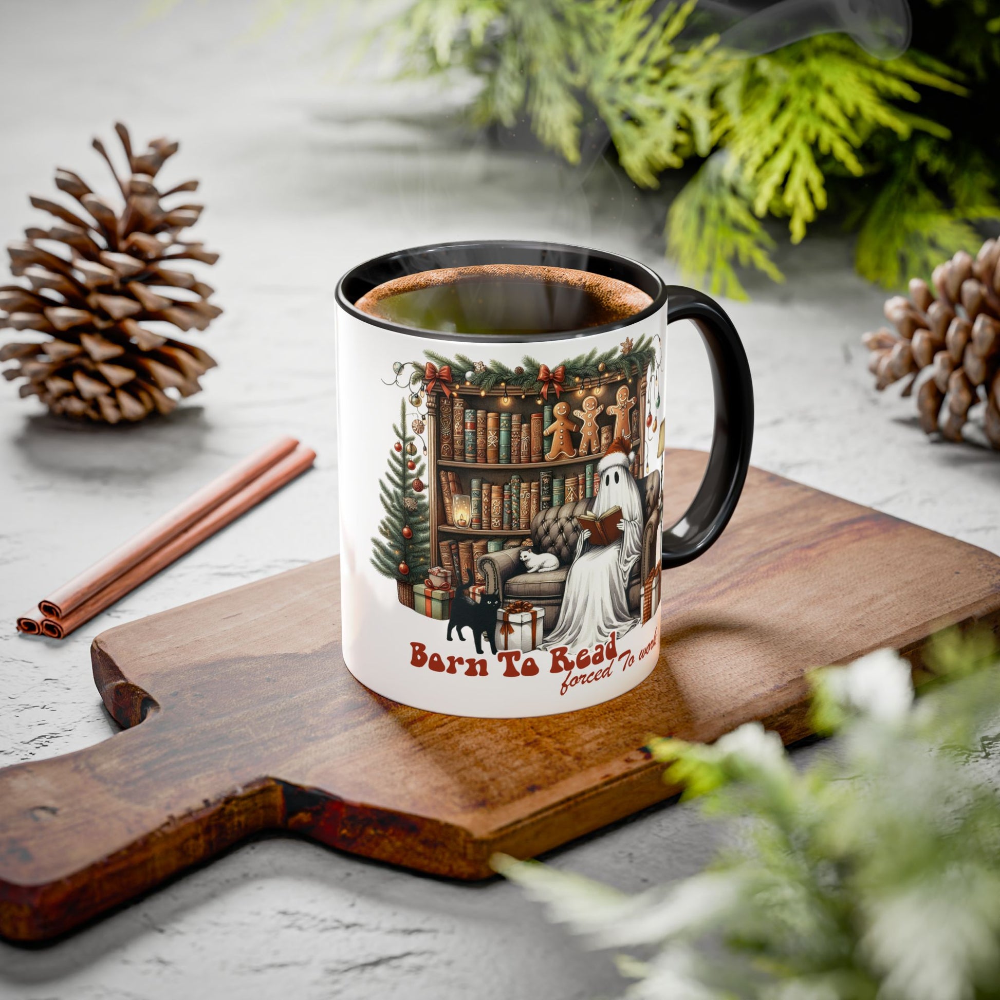 Christmas Ghost Mug, Born to Read Forced to Work Cup, Holiday Book Lover Coffee Mug, Funny Gothic Xmas Gift | 11oz & 15oz