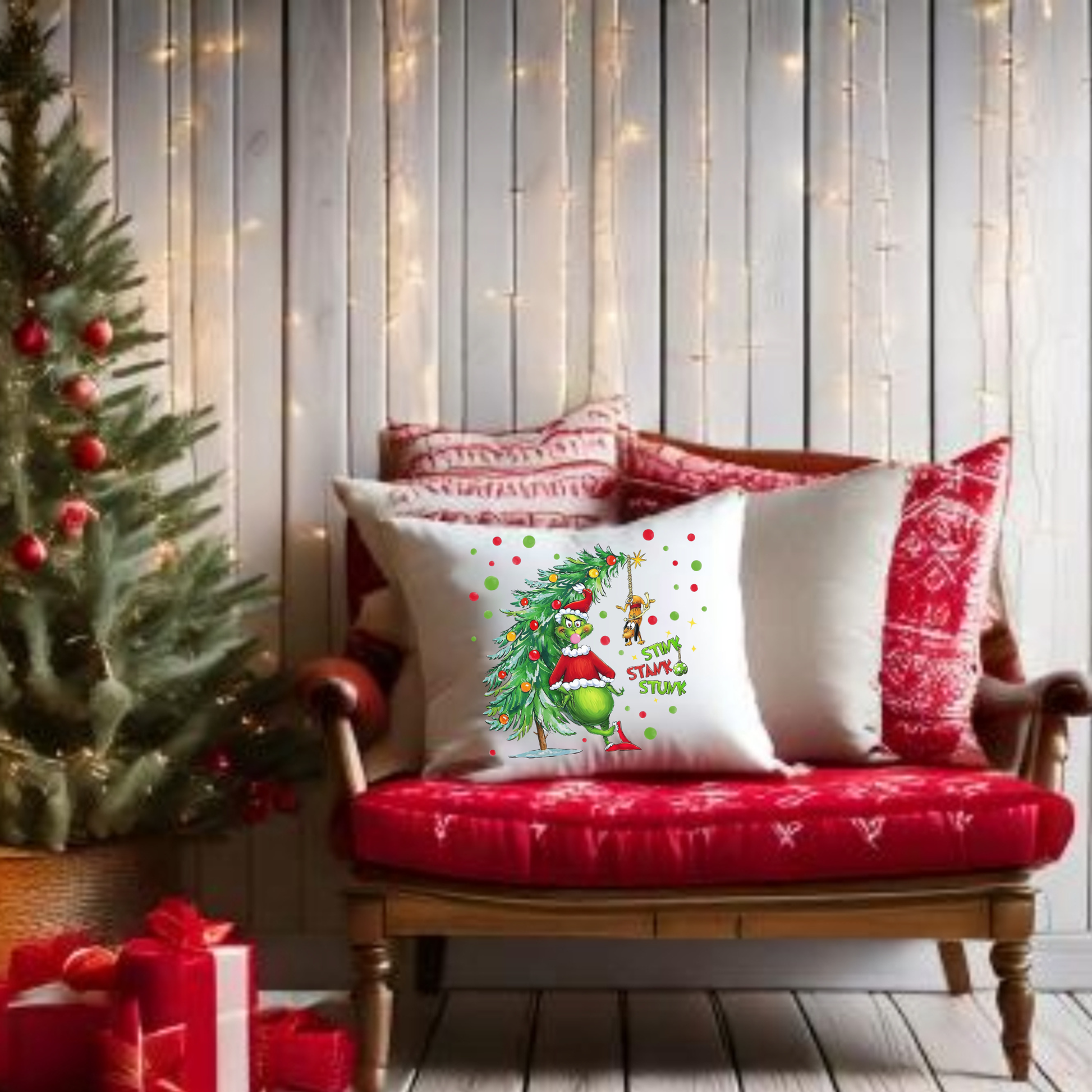 Personalized Grinch Christmas Pillow, Custom Name & Year Holiday Pillow Cover, Funny Kids Xmas Decor Gift