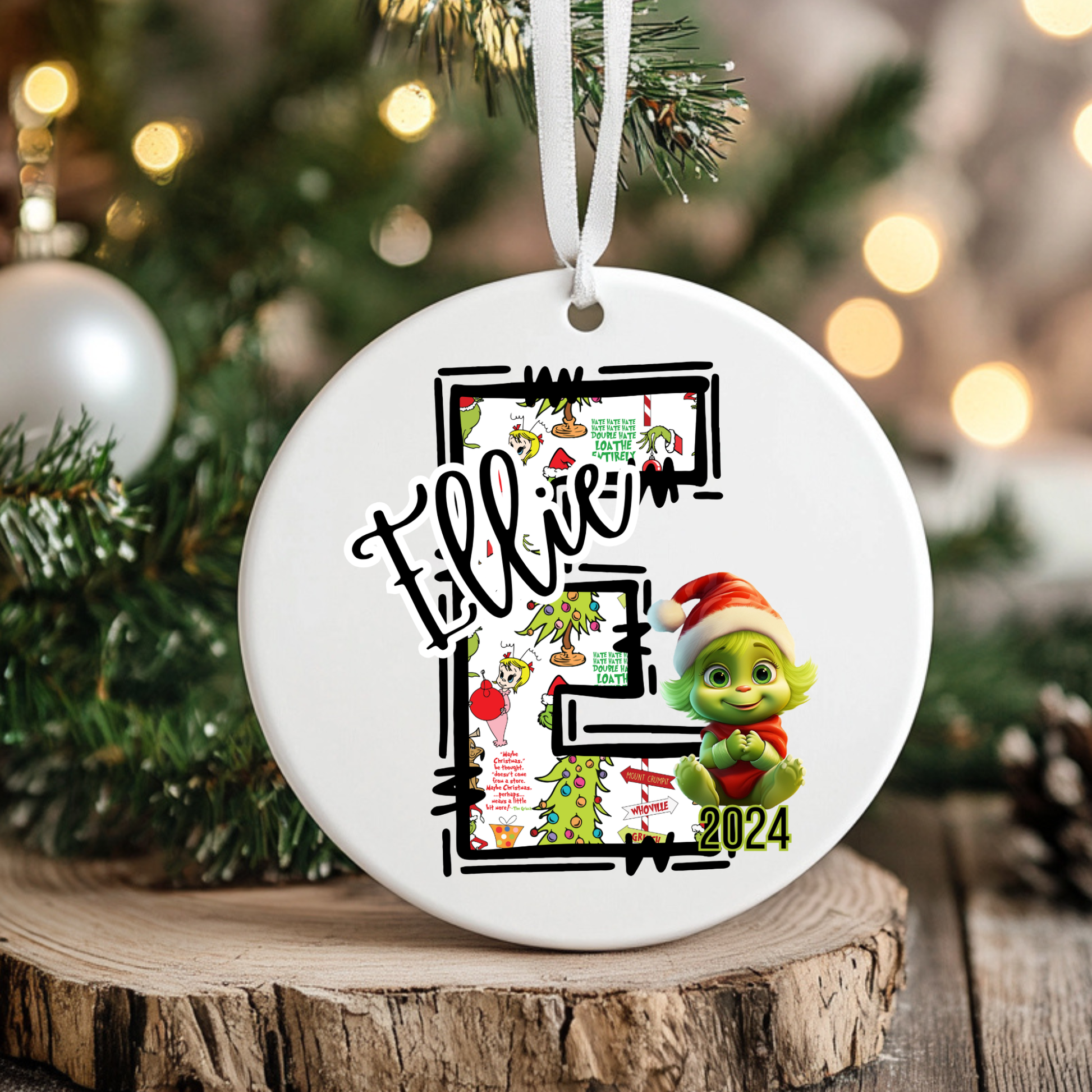 Personalized Baby Grinchie Ceramic Ornament, Children's First Initial, Year 2024, Gift Giving, Tree Decoration, Christmas Decor, Grinchie Bed