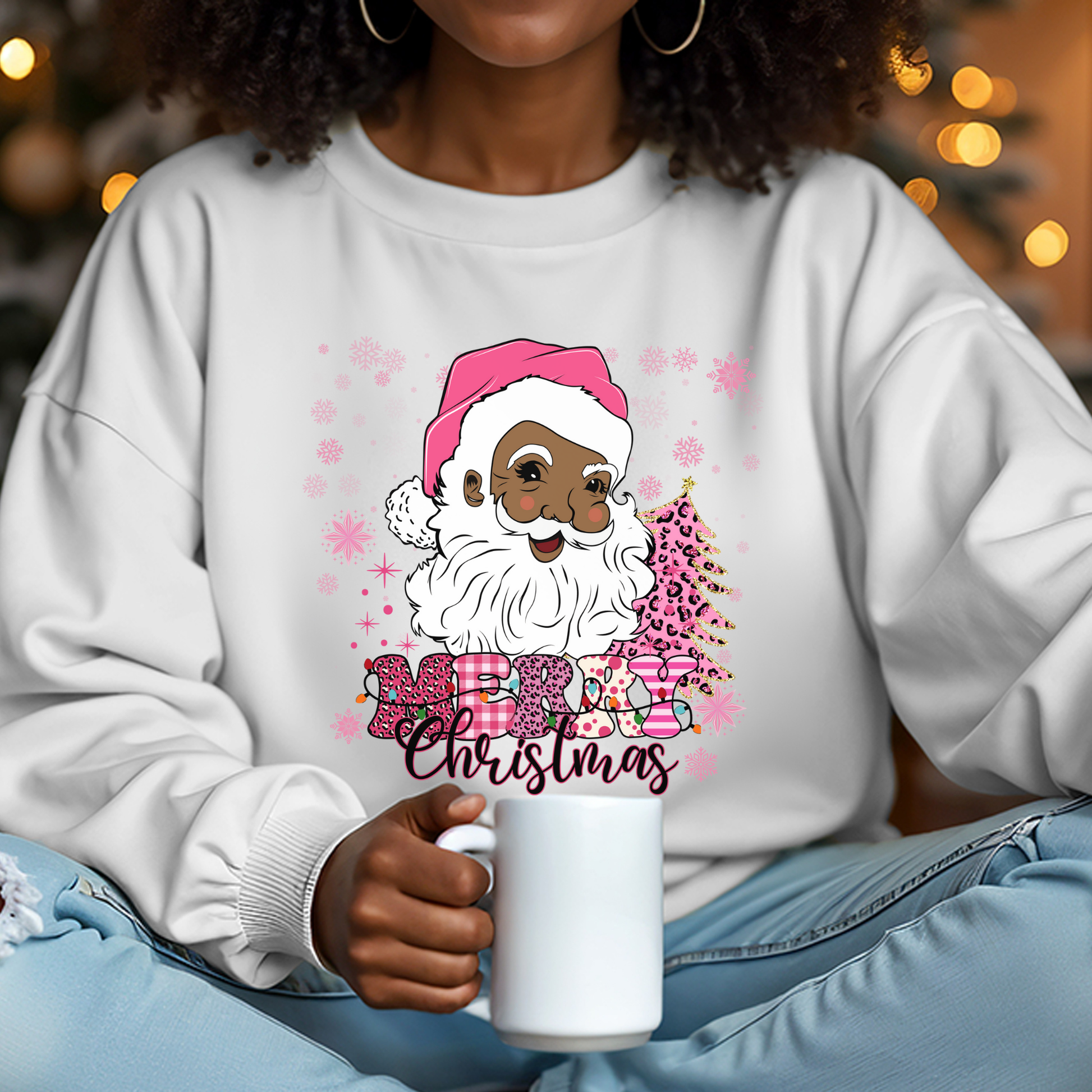 Retro African Santa Sweatshirt, Pink Christmas Winter Jumper, Cozy Holiday Pullover, Festive Xmas Top, Nostalgic Winter Clothing