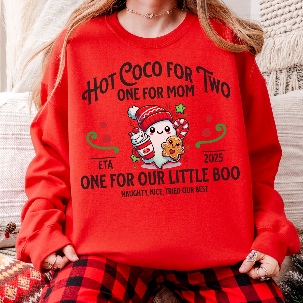 Christmas Birth Announcement Sweatshirt, Trendy Boho Ghost, Hot Chocolate, Cookies, Women's Gift, Unique Baby Announcement