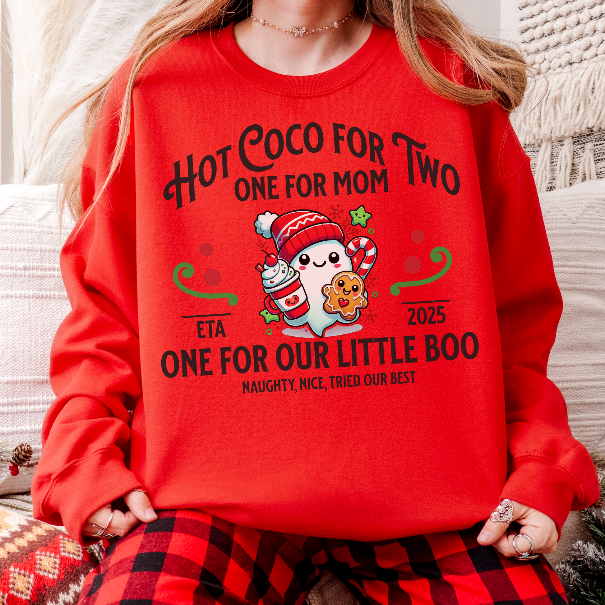 Christmas Birth Announcement Sweatshirt, Trendy Boho Ghost, Hot Chocolate, Cookies, Women's Gift, Unique Baby Announcement
