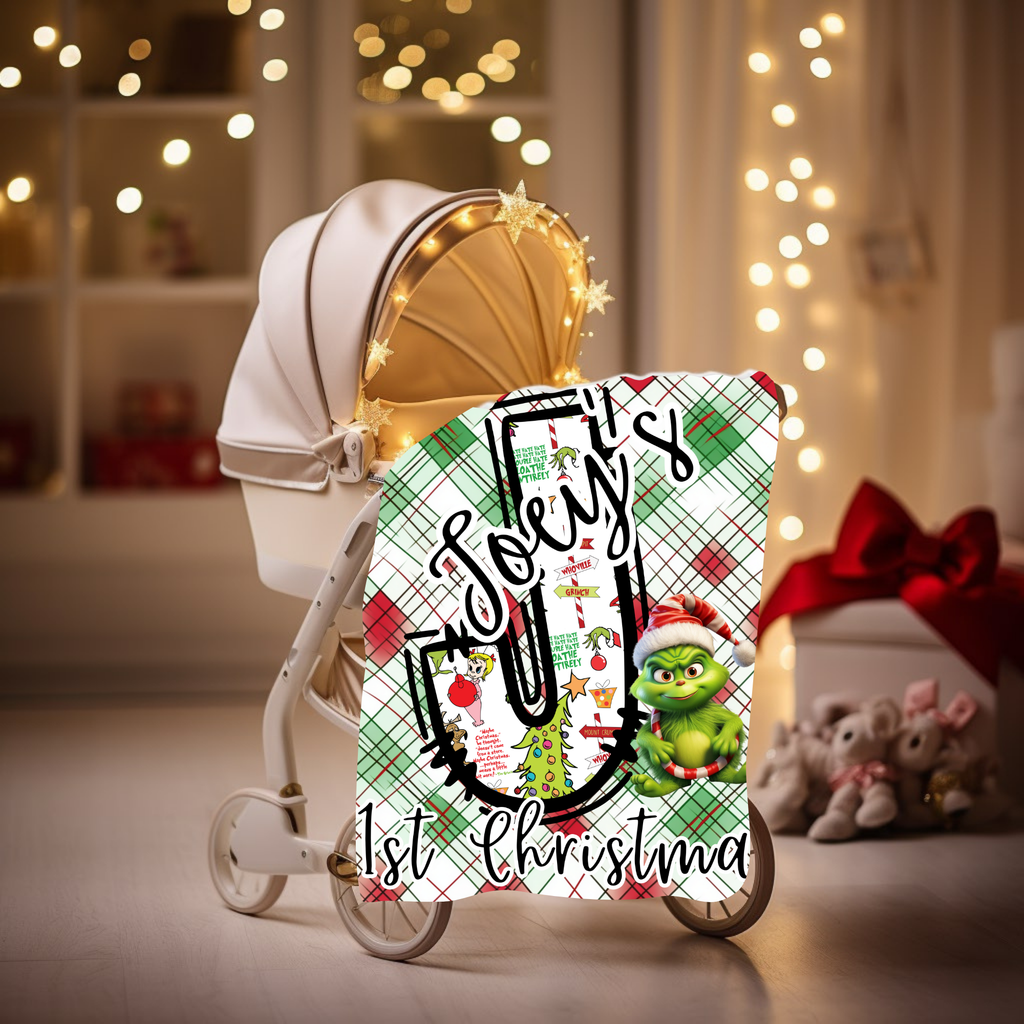 Fleece Blanket, Personalized Christmas Grinch Baby Blanket, Baby's First Christmas, Custom Name Blanket, Christmas Gift, Holiday Blanket,