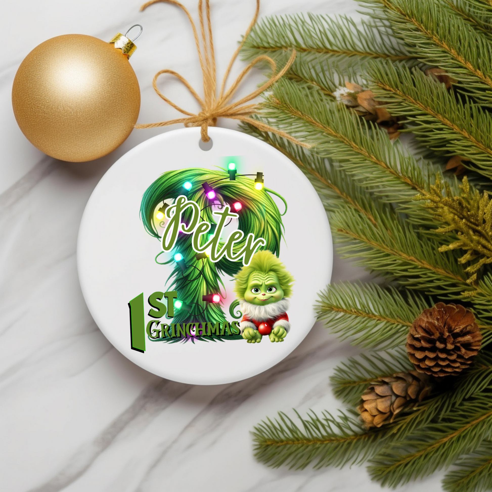 Personalized Kids Christmas Ornament, Babys First Christmas Gift, Custom Ceramic Holiday Ornament with Name, Grinchy Green Decor