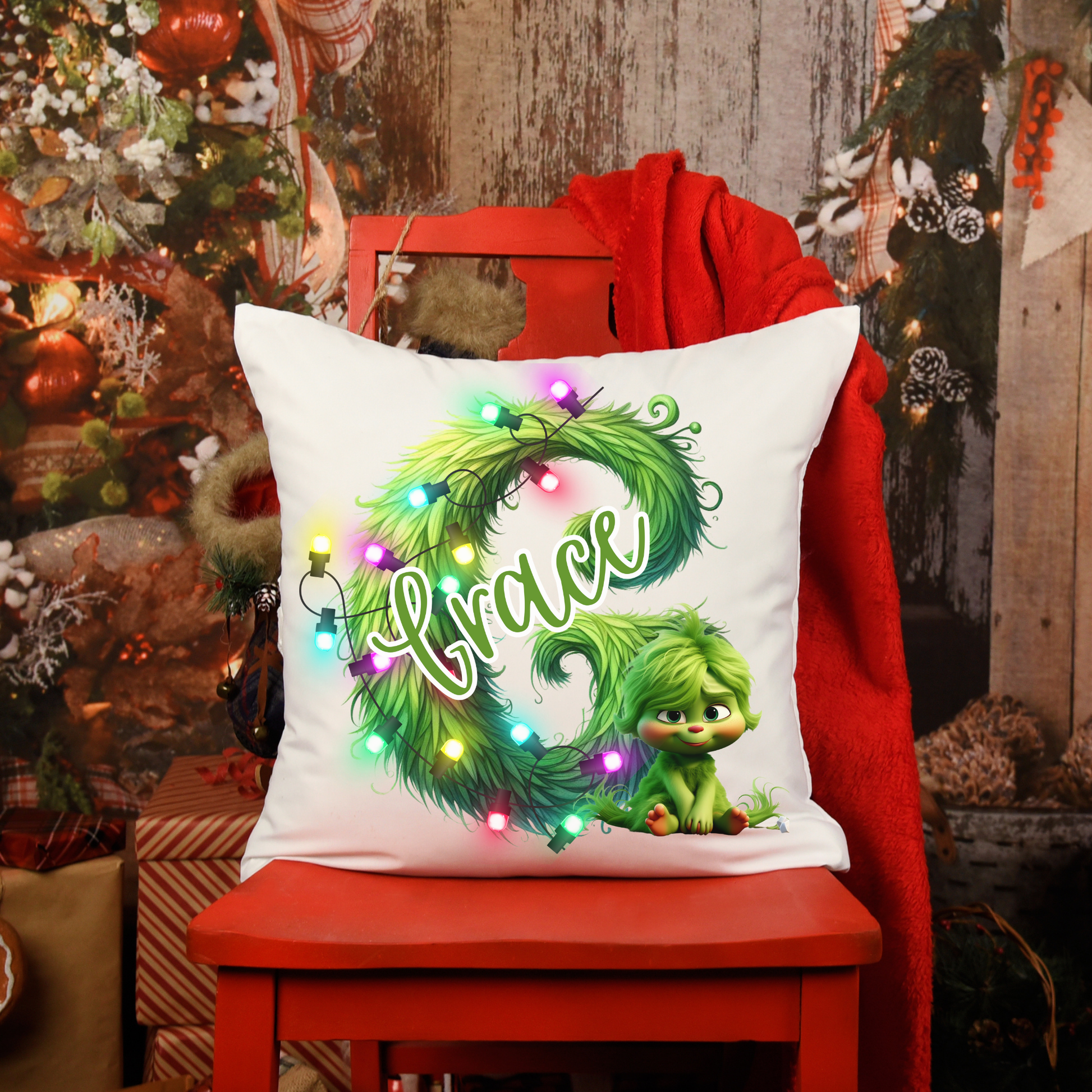 Personalized Grinchy Baby Christmas Pillow, Babys 1st Christmas Gift, Kids Holiday Pillow Cover, Custom Name Christmas Decor