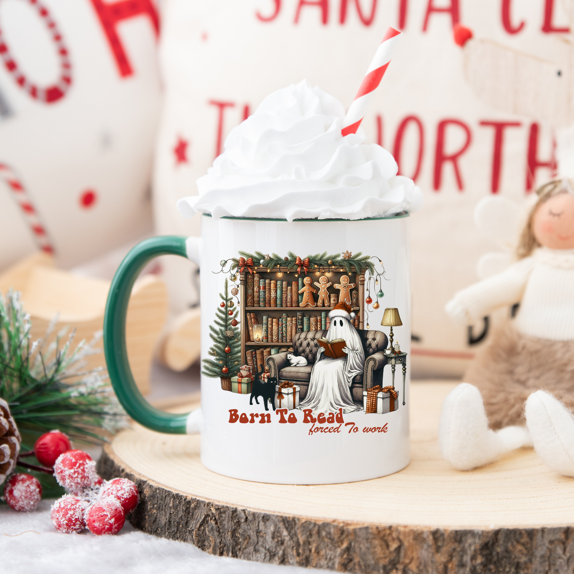 Christmas Ghost Mug, Born to Read Forced to Work Cup, Holiday Book Lover Coffee Mug, Funny Gothic Xmas Gift | 11oz & 15oz
