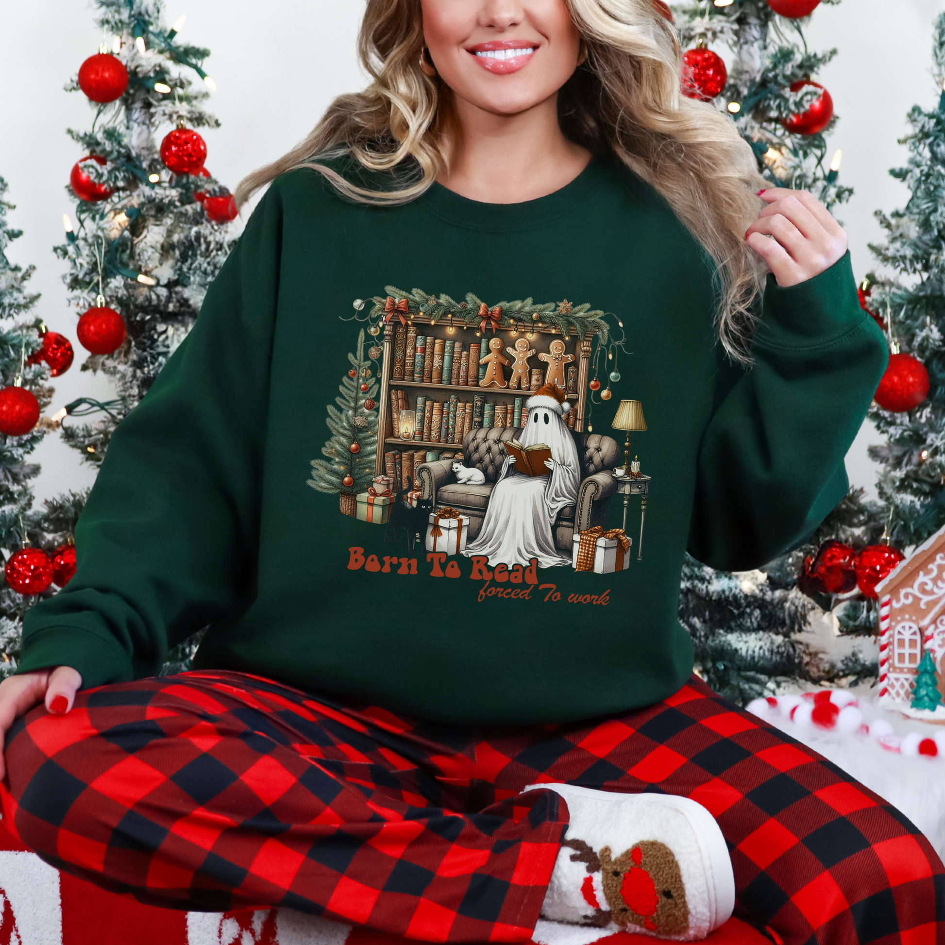 Christmas Ghost Reading Shirt, Born to Read Forced to Work Tee, Book Lover Gift, Funny Holiday Book Shirt, Cozy Boo Tee. Comfort Colors