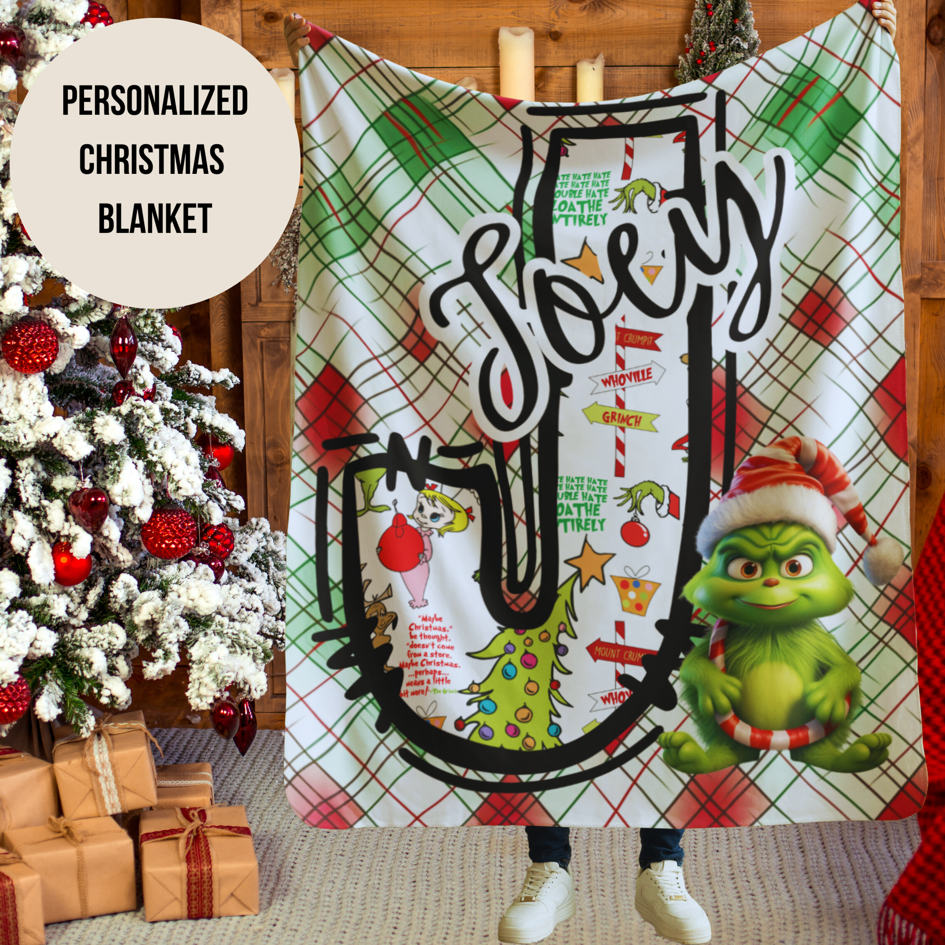 Sherpa Fleece Blanket, Personalized Christmas Grinch Blanket, Holiday Gift, Custom Name Blanket, Christmas Decor, Stocking Stuffer