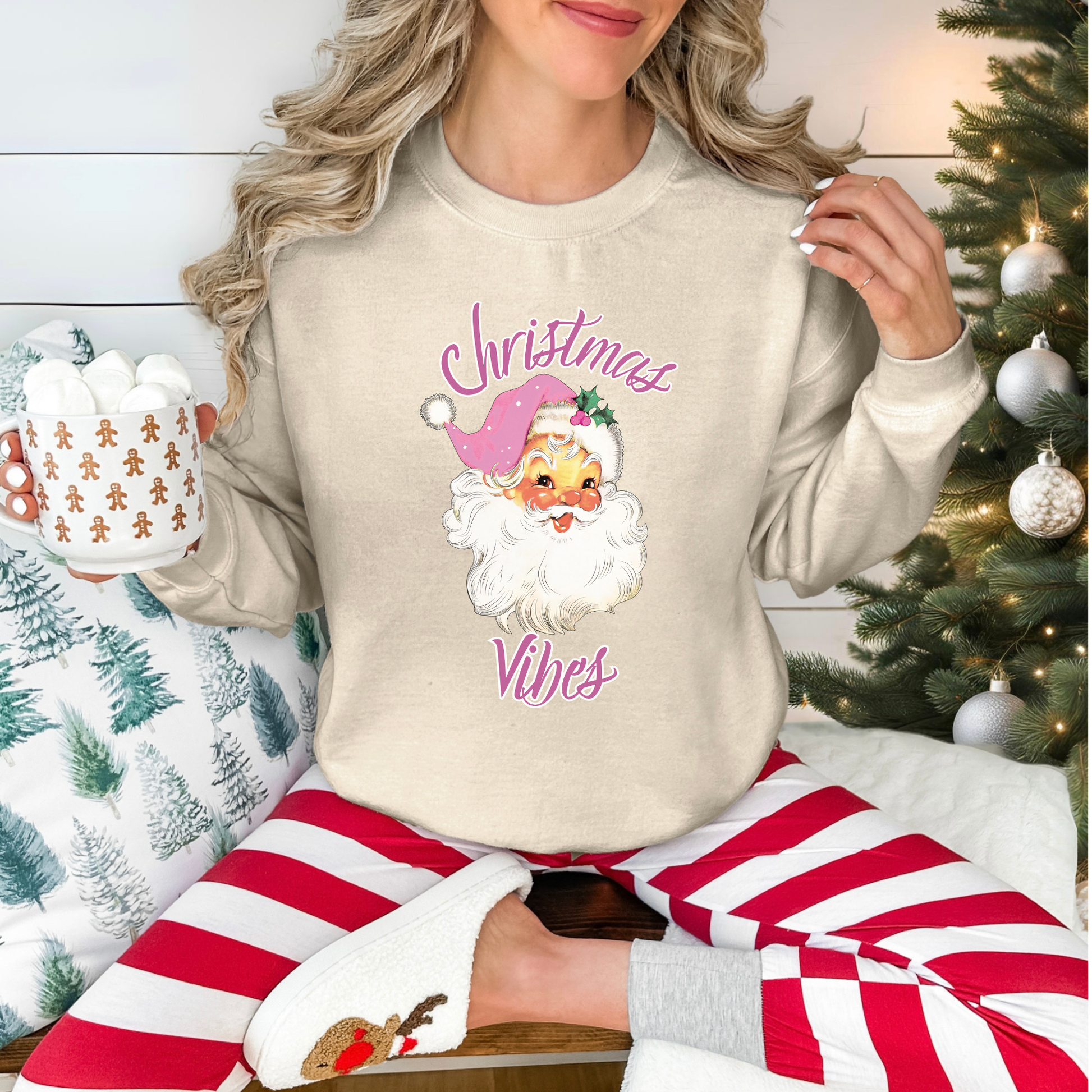 Pink Retro Santa Christmas Sweatshirt | Christmas Vibes Gildan 18000 Pullover | Vintage Holiday Crewneck for Women