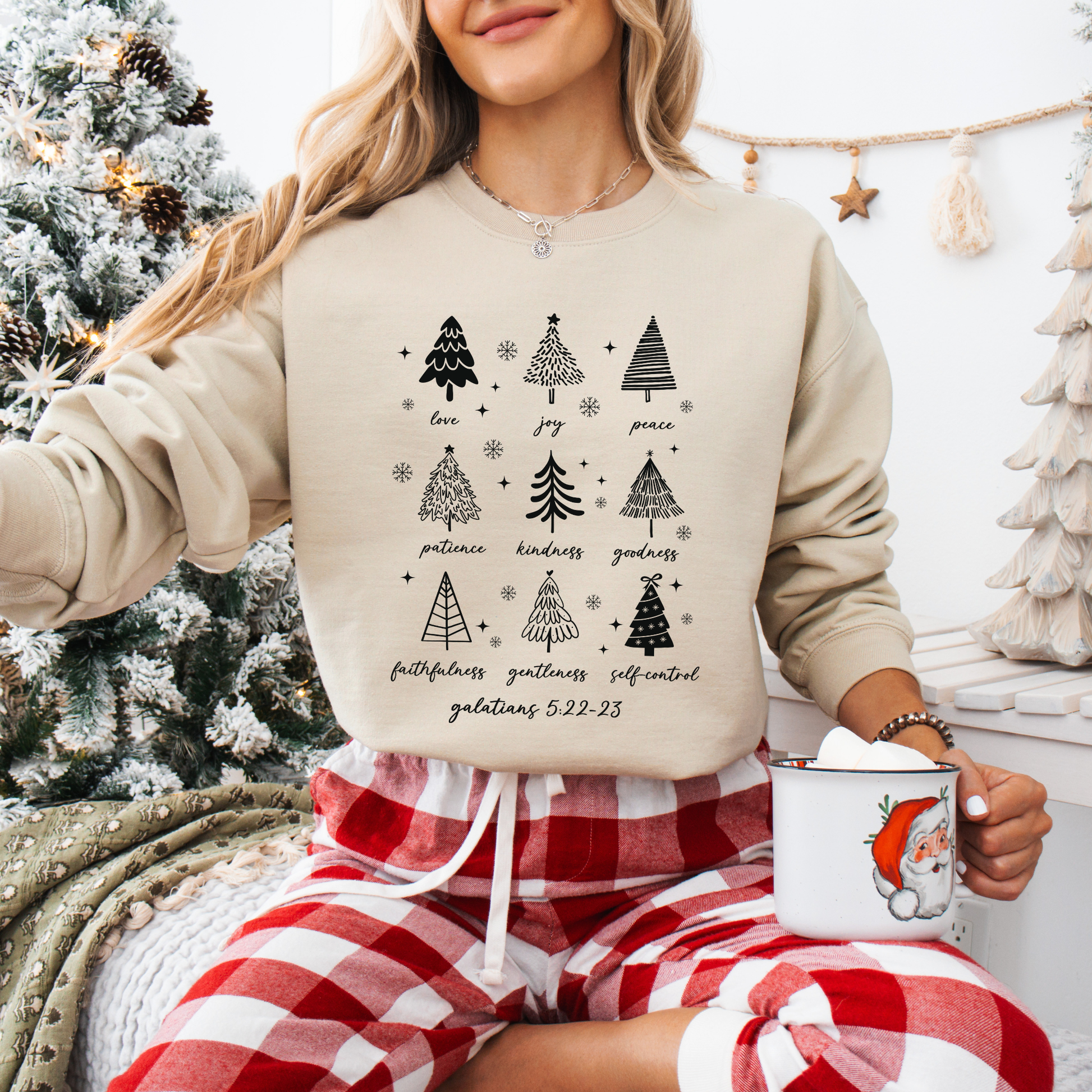 Christian Christmas Sweatshirt, Fruits of the Spirit Trees, Bible Verse Holiday Crewneck, Faith-Based Gift