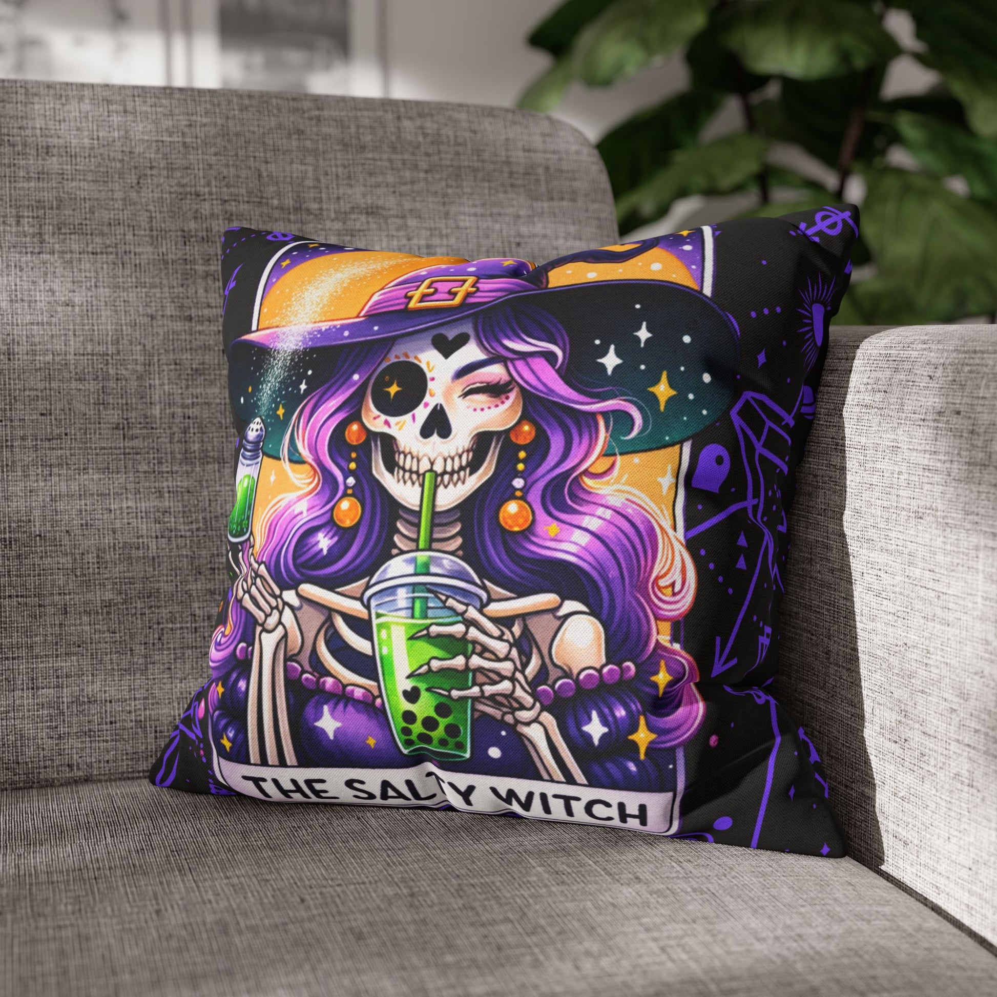 Salty Witch Tarot Pillow Cover – Halloween Skeleton Witch Decor – Witchy Throw Cover – No Insert Included