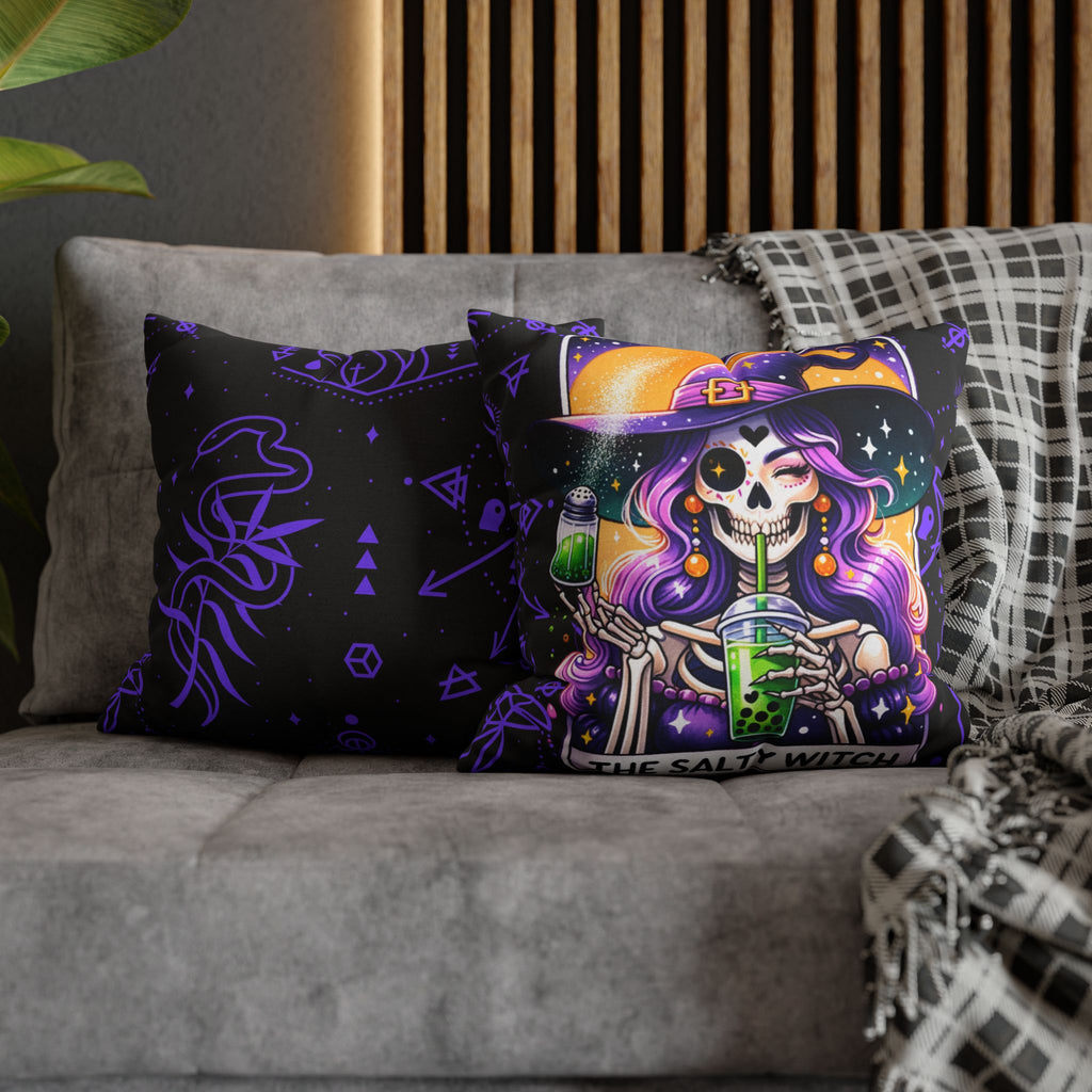 Salty Witch Tarot Pillow Cover – Halloween Skeleton Witch Decor – Witchy Throw Cover – No Insert Included