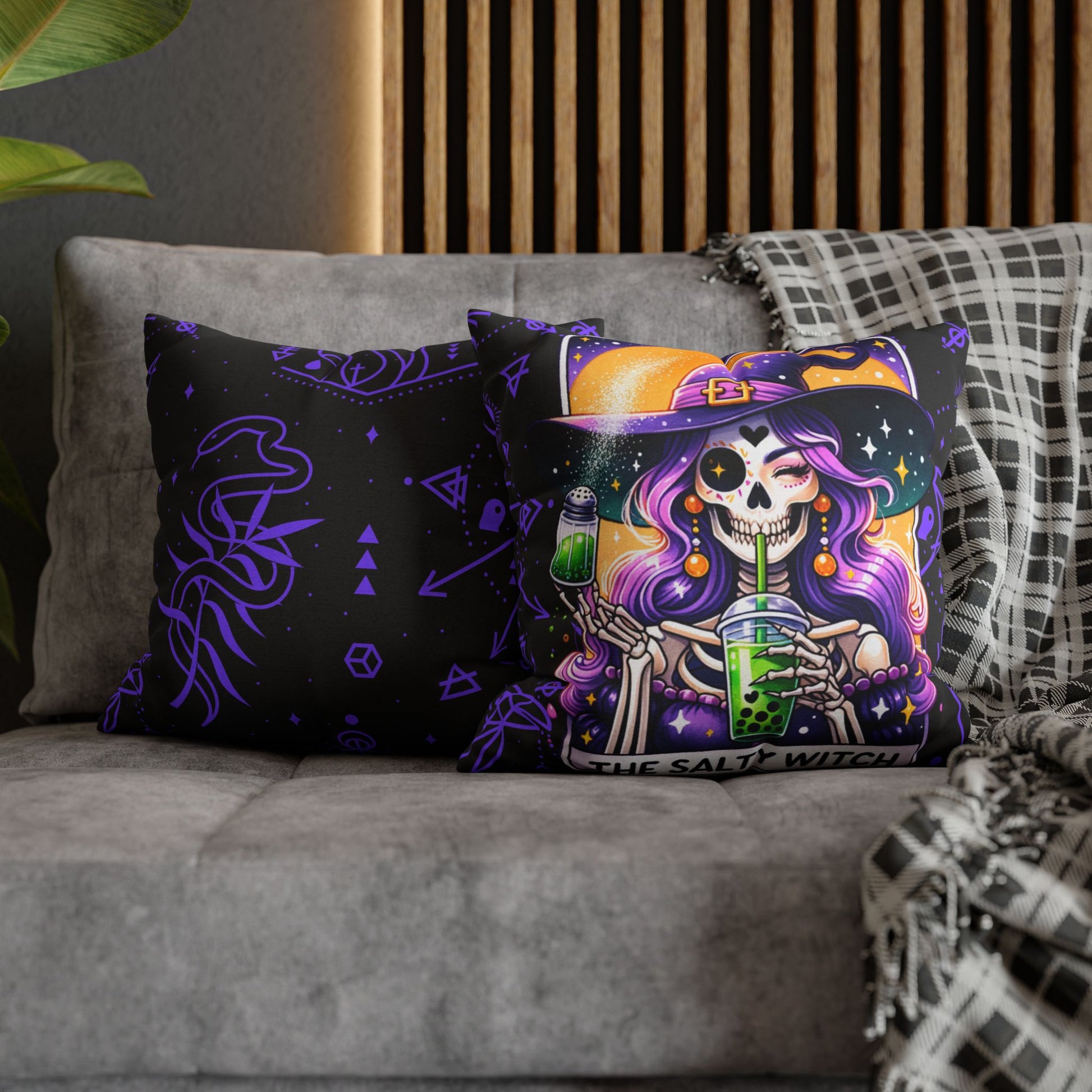 Salty Witch Tarot Pillow Cover – Halloween Skeleton Witch Decor – Witchy Throw Cover – No Insert Included
