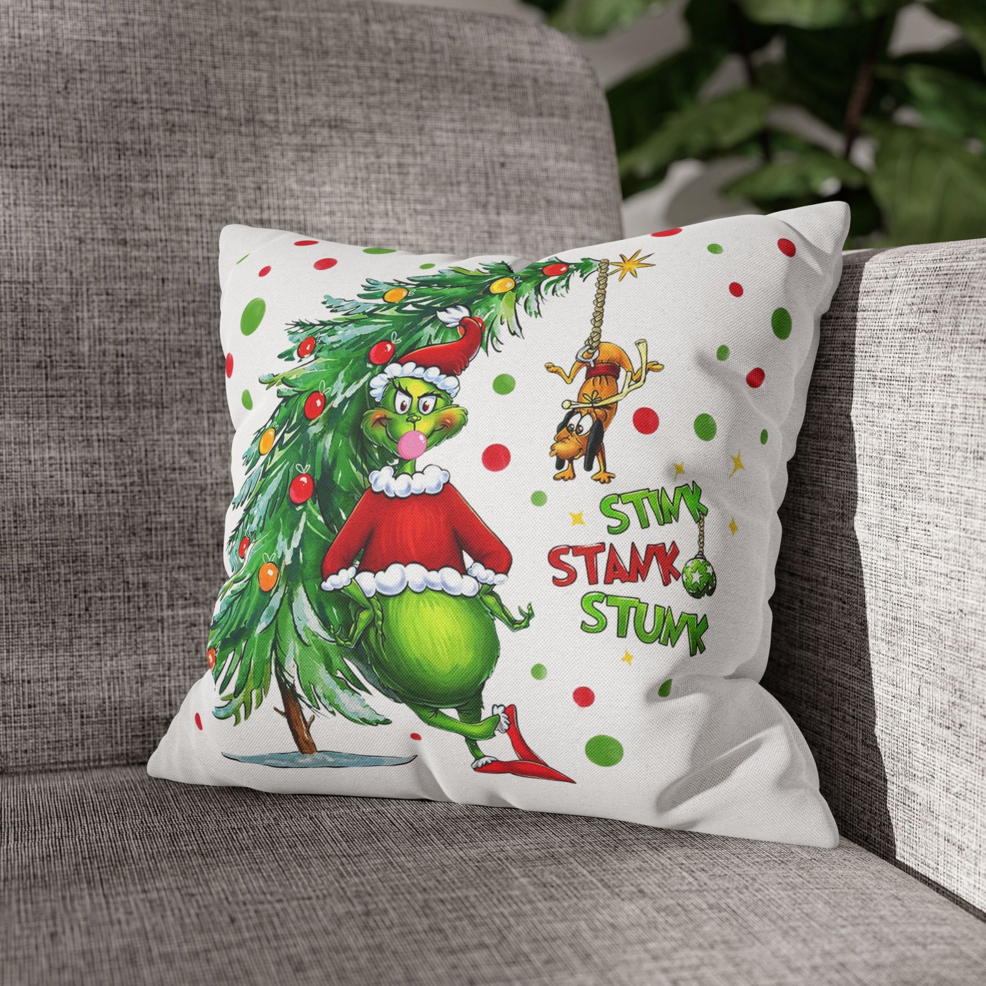 Personalized Grinch Christmas Pillow, Custom Name & Year Holiday Pillow Cover, Funny Kids Xmas Decor Gift
