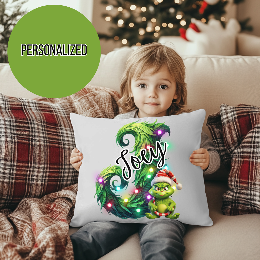 Personalized Grinchy Baby Christmas Pillow, Babys 1st Christmas Gift, Kids Holiday Pillow Cover, Custom Name Christmas Decor