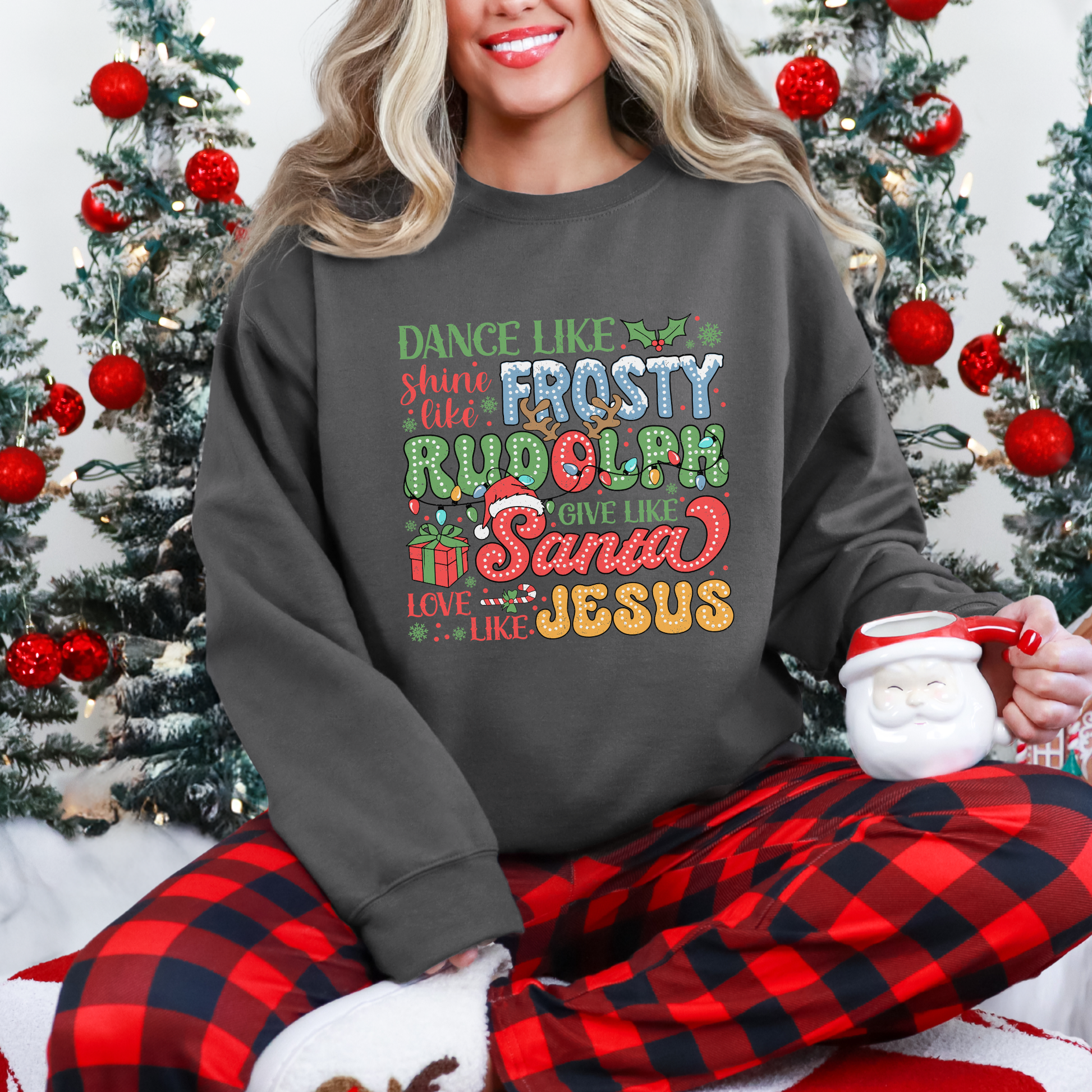 Personalized Christmas Sweatshirt, Dance Like Frosty Rudolph Santa Jesus, Holiday Graphic Gildan 18000 Pullover, Xmas Crewneck