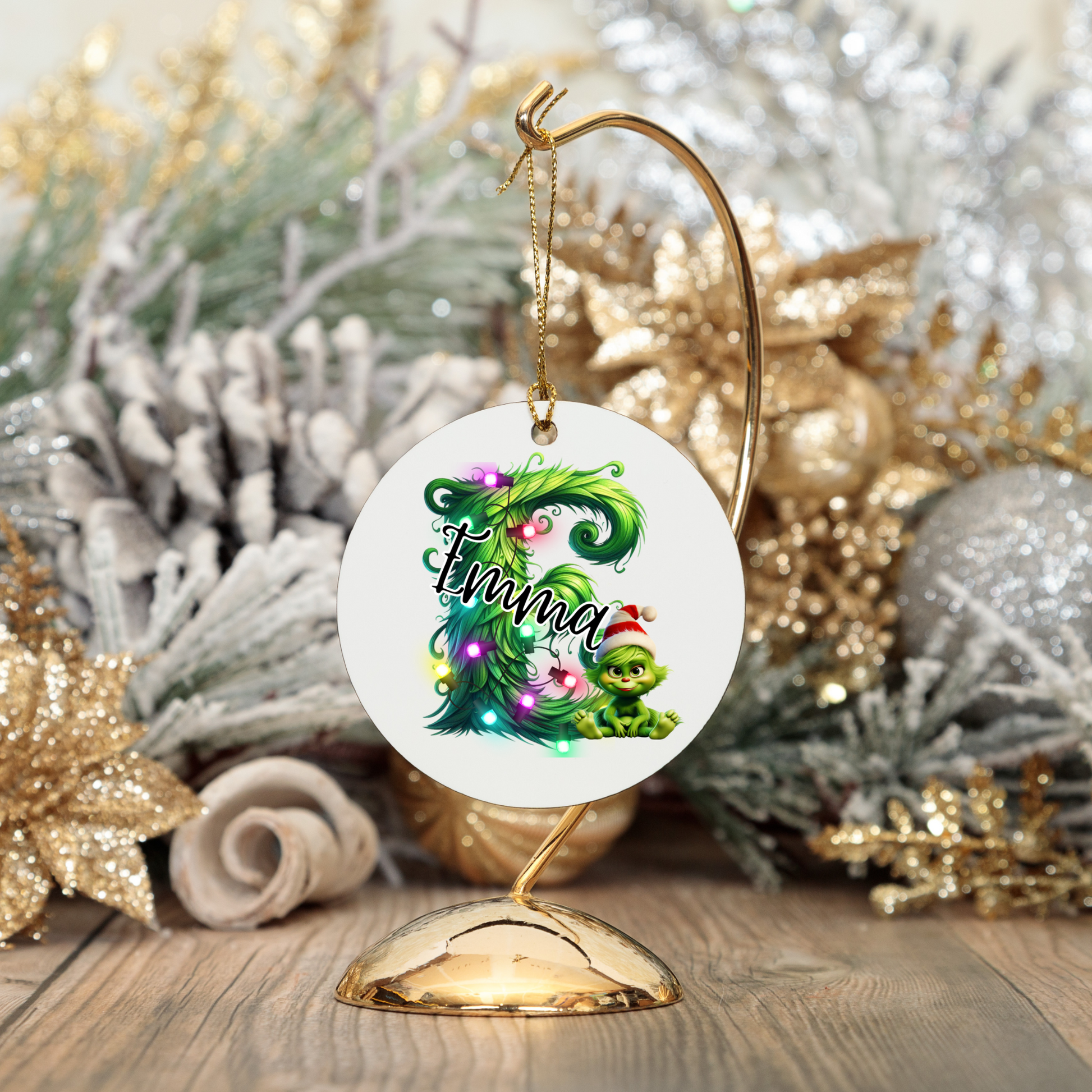 Personalized Kids Christmas Ornament, Babys First Christmas Gift, Custom Ceramic Holiday Ornament with Name, Grinchy Green Decor