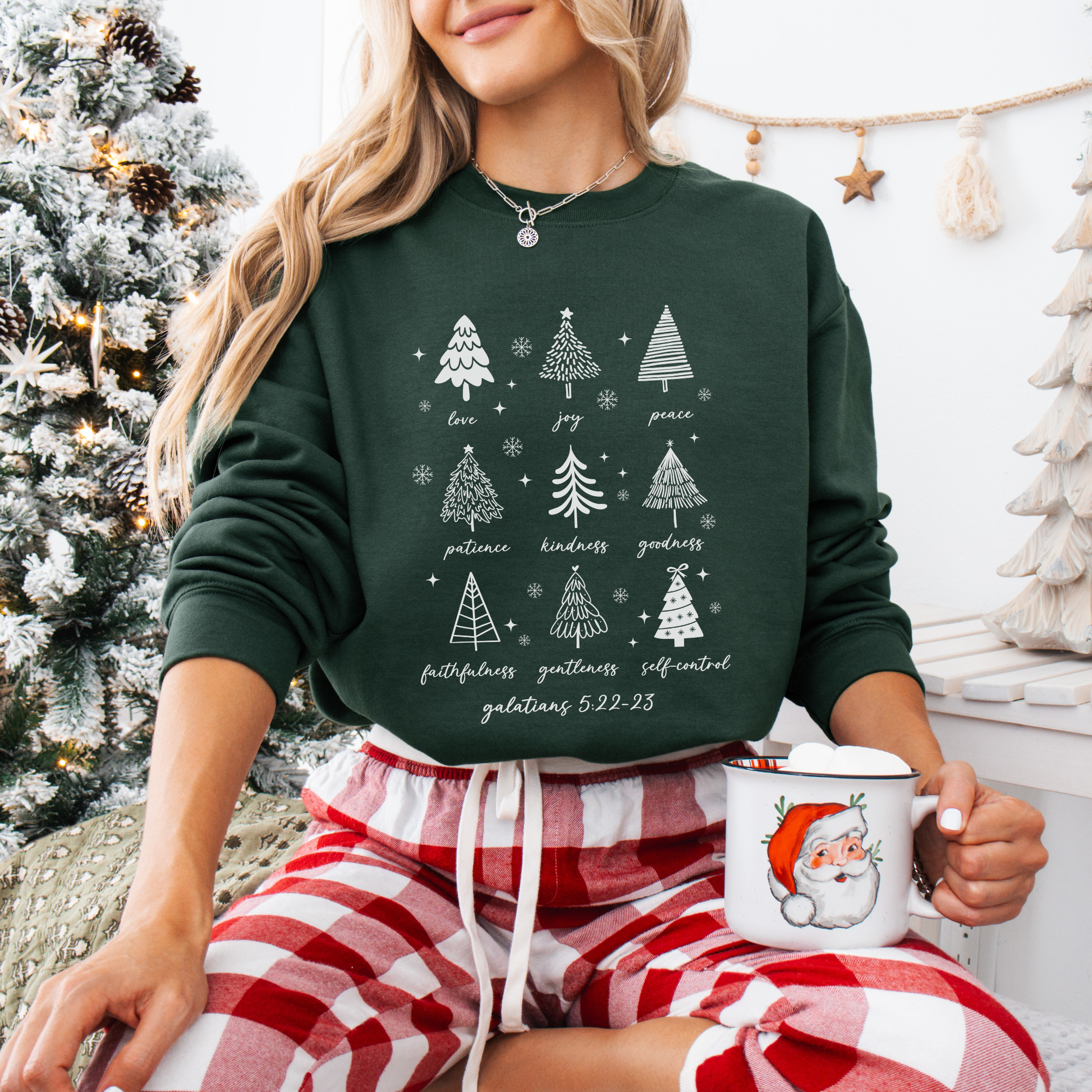 Christian Christmas Sweatshirt, Fruits of the Spirit Trees, Bible Verse Holiday Crewneck, Faith-Based Gift