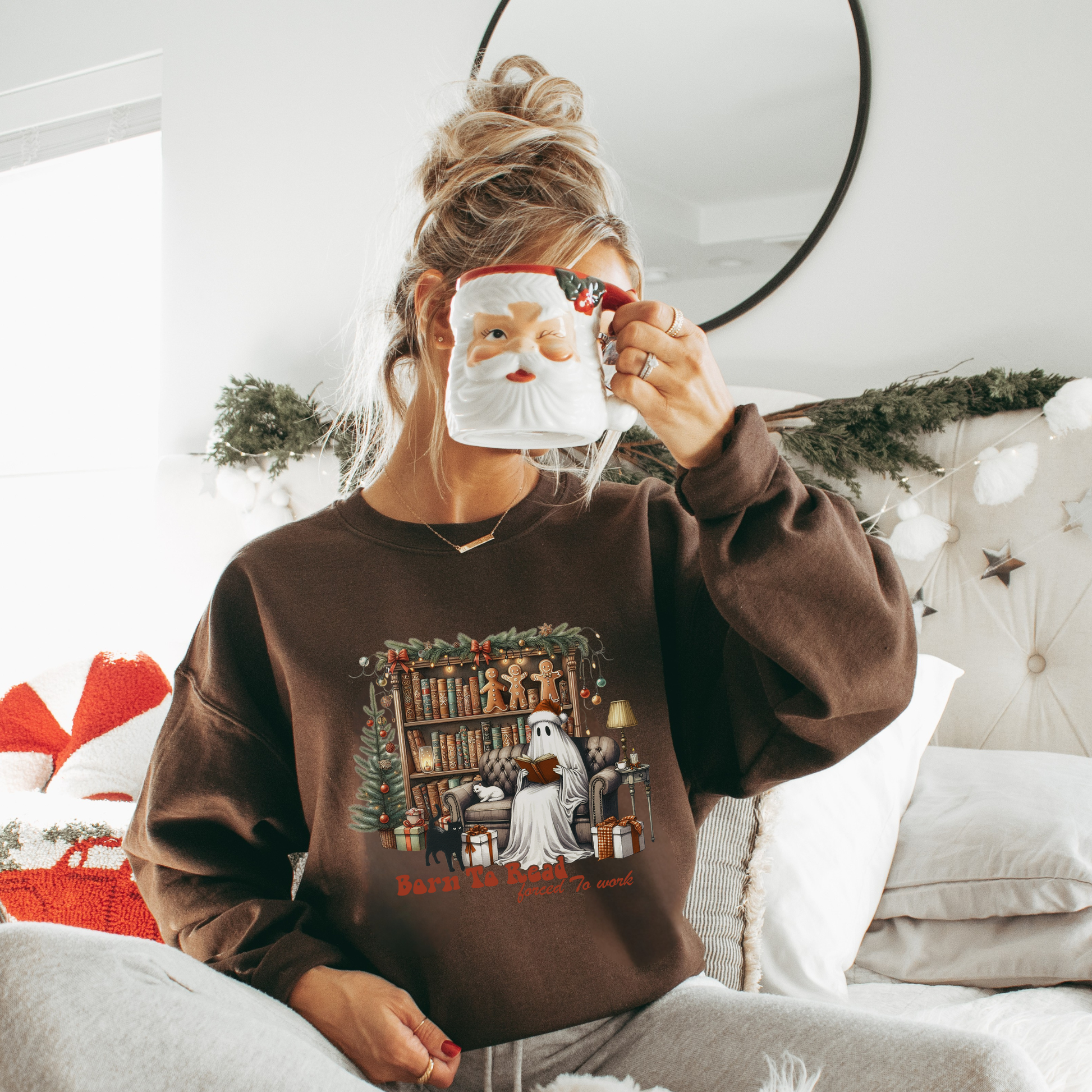 Christmas Ghost Reading Shirt, Born to Read Forced to Work Tee, Book Lover Gift, Funny Holiday Book Shirt, Cozy Boo Tee. Comfort Colors