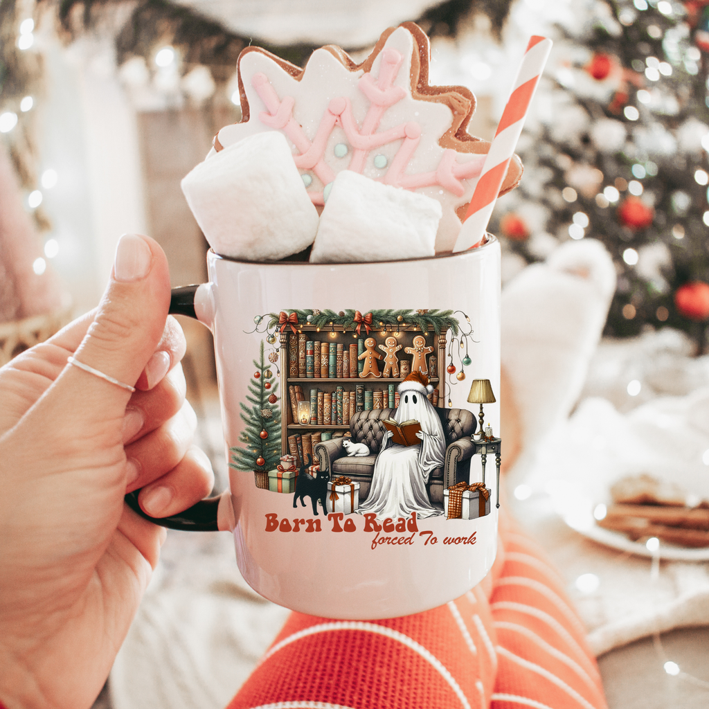 Christmas Ghost Mug, Born to Read Forced to Work Cup, Holiday Book Lover Coffee Mug, Funny Gothic Xmas Gift | 11oz & 15oz