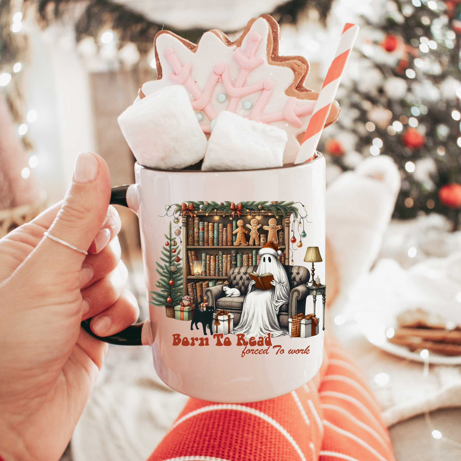 Christmas Ghost Mug, Born to Read Forced to Work Cup, Holiday Book Lover Coffee Mug, Funny Gothic Xmas Gift | 11oz & 15oz