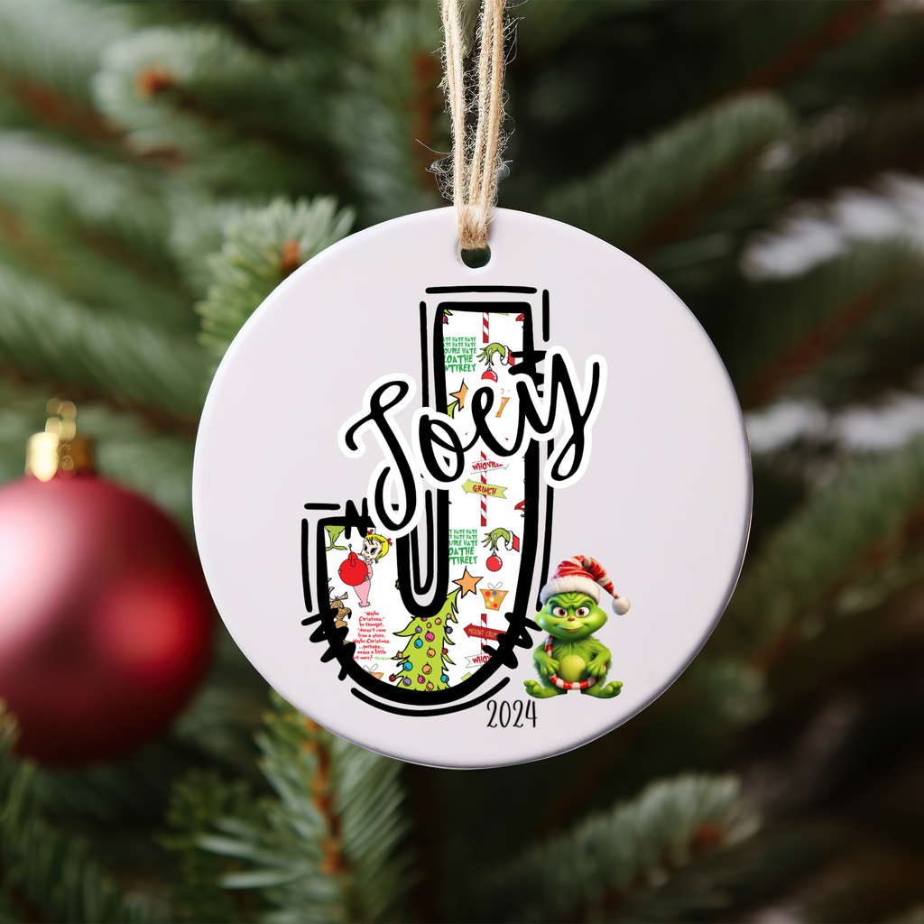 Personalized Baby Grinchie Ceramic Ornament, Children's First Initial, Year 2024, Gift Giving, Tree Decoration, Christmas Decor, Grinchie Bed