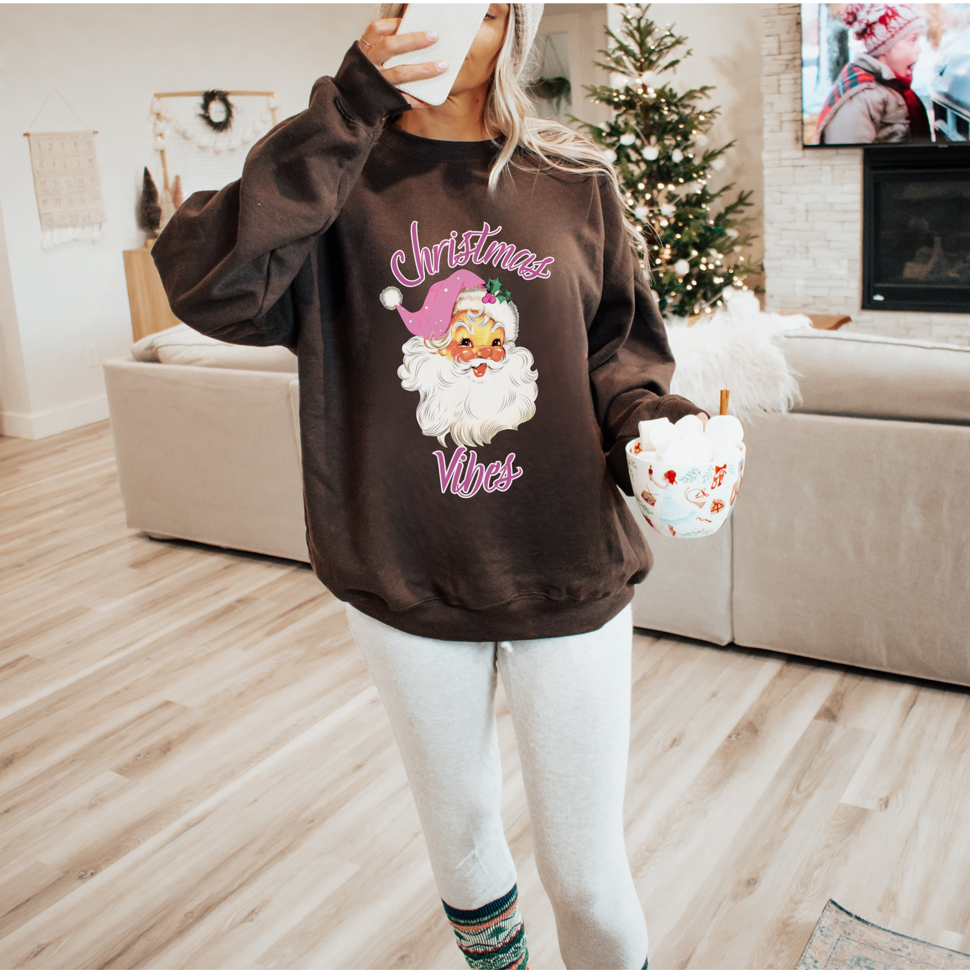 Pink Retro Santa Christmas Sweatshirt | Christmas Vibes Gildan 18000 Pullover | Vintage Holiday Crewneck for Women