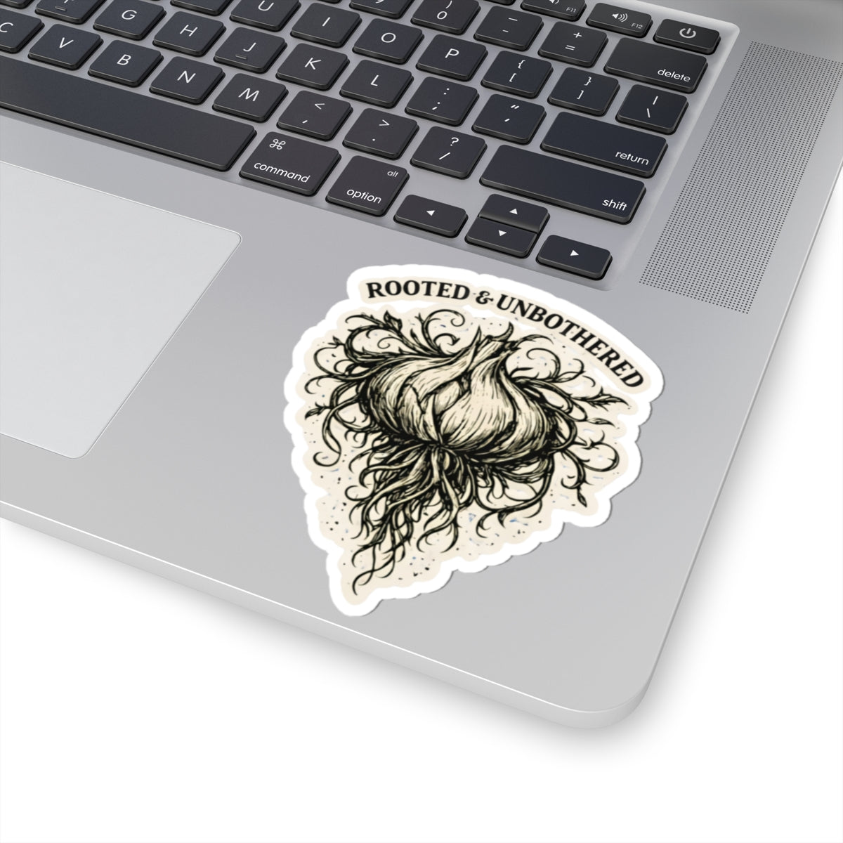 Rooted & Unbothered Garlic Bulb Sticker — Botanical, Boho Laptop Decal