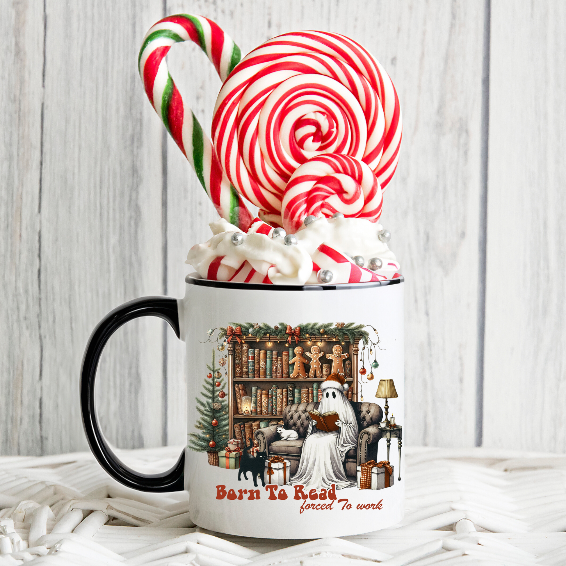 Christmas Ghost Mug, Born to Read Forced to Work Cup, Holiday Book Lover Coffee Mug, Funny Gothic Xmas Gift | 11oz & 15oz