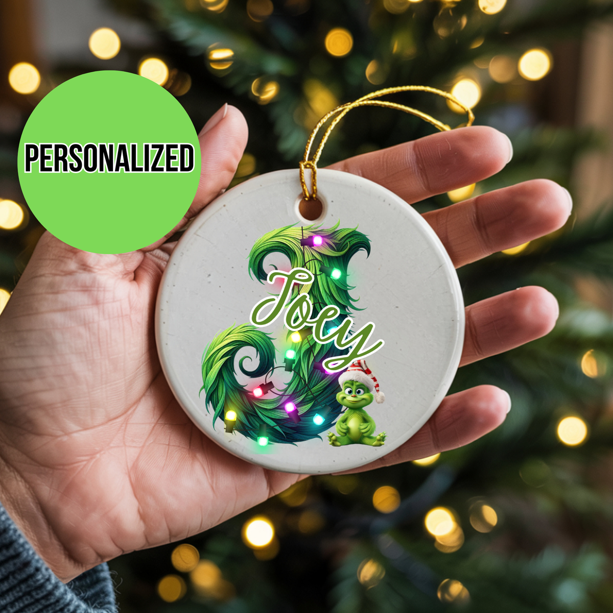 Personalized Kids Christmas Ornament, Babys First Christmas Gift, Custom Ceramic Holiday Ornament with Name, Grinchy Green Decor